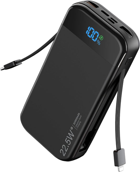 Portable Charger Power Bank Built-in Cables, 32000mAh 22.5W USB C Fast Charging, 5 Outputs 3 Inputs Travel Essentials Battery Pack Compatible with iPhone, iPad, Samsung, Google Pixel, Black