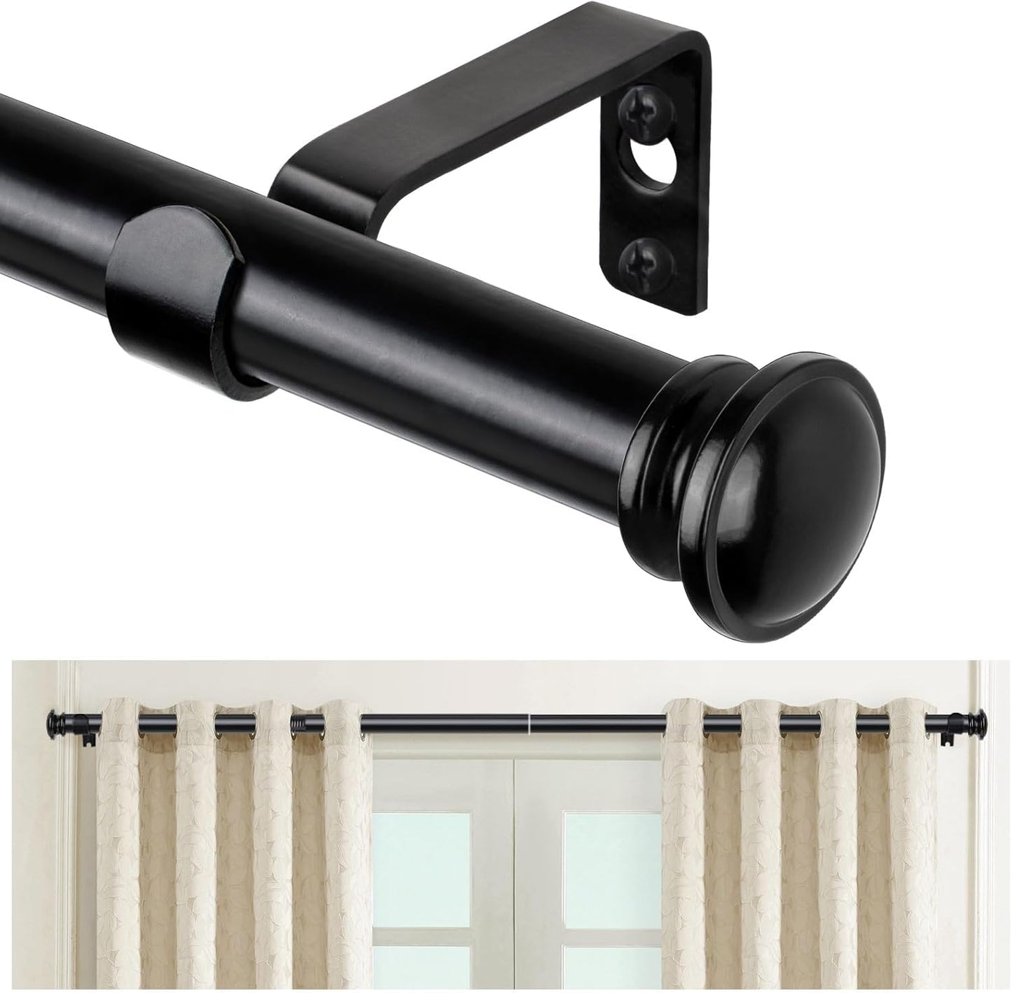 TONIAL Black Curtain Rods for Windows 28 to 48 Inches, Telescoping Splicing 3/4 Curtain Rod 32 to 43 Inch(2.6-3.6ft), Decorative Single Drapery Rod with Small Finial