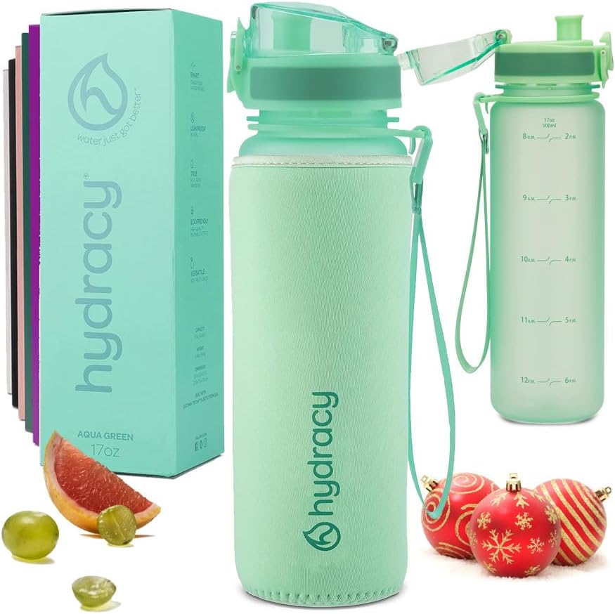 Hydracy Water Bottle with Time Marker -Large BPA Free Water Bottle & No Sweat Sleeve -Leak Proof Gym Bottle with Fruit Infuser Strainer & Times to Drink -Ideal for Fitness Sports & Outdoors