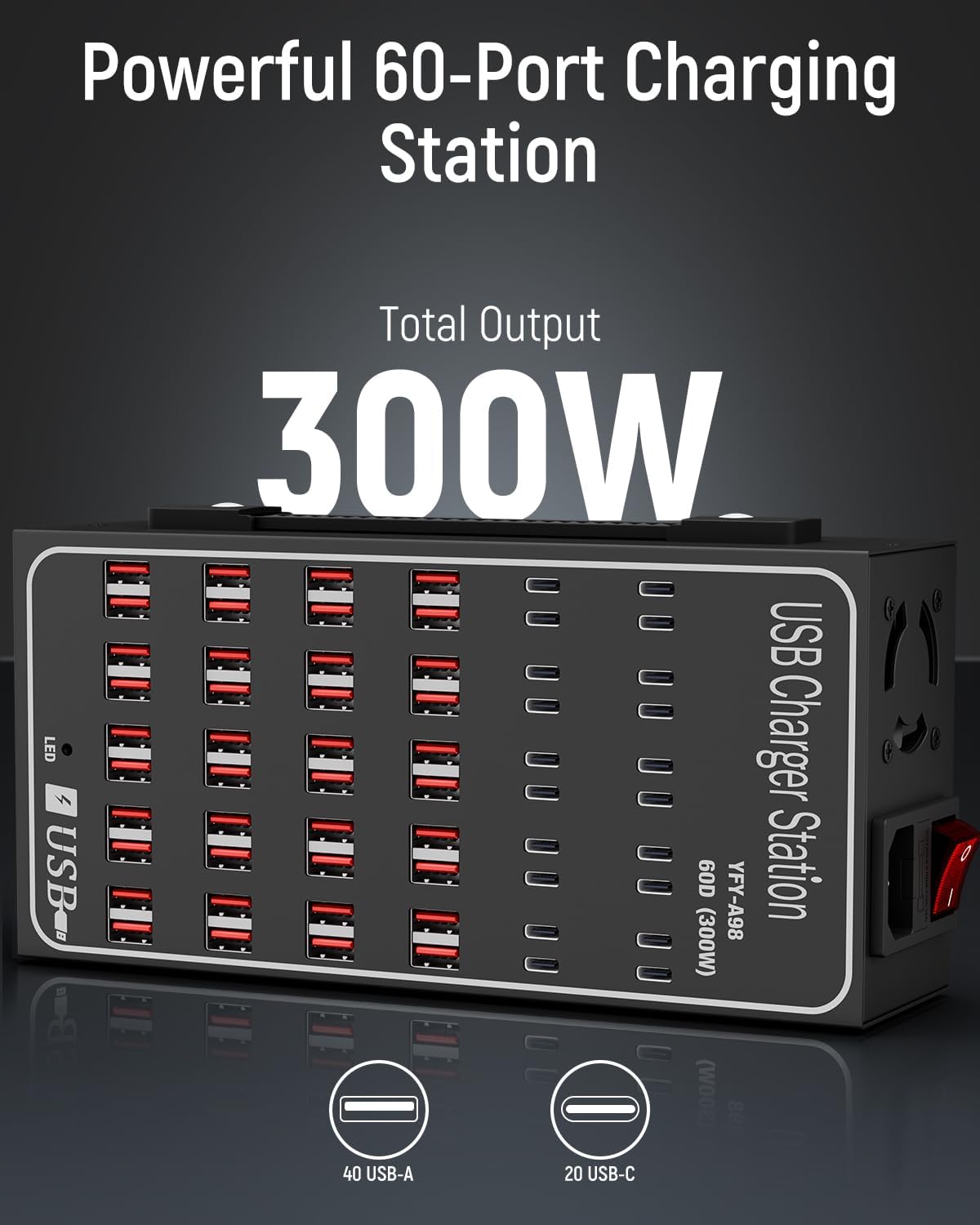 60 Port 300W(60A) USB Charging Station, Multi USB C Charger Station Block with Intelligent Protection, Desktop Charging Station for Multiple Devices, Suitable for Schools, Hotels, Shops and Malls