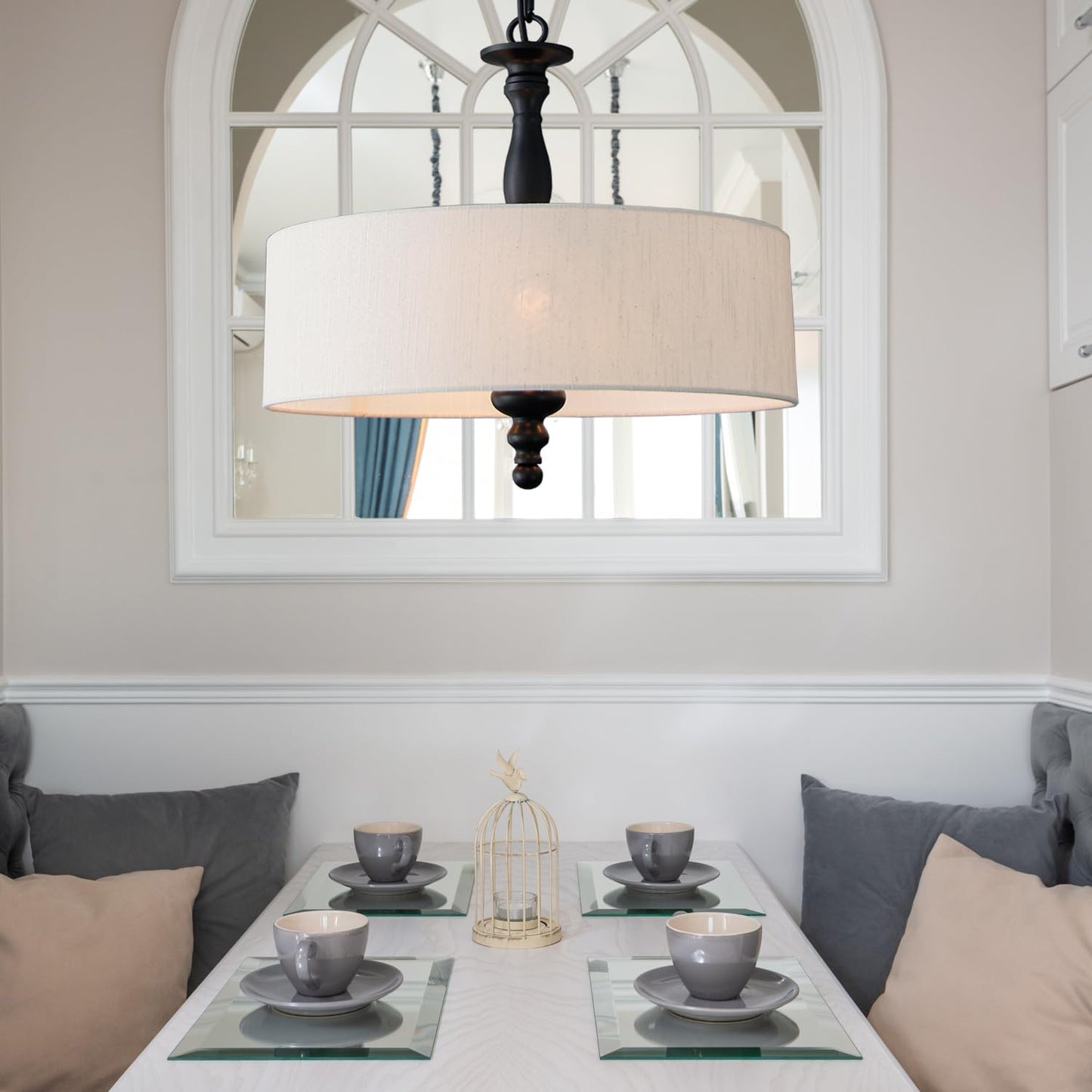 4 Light Drum Chandeliers, Beige Linen Drum Pendant Lighting Fixture with Black Metal Rod Adjustable Hanging Chain Ceiling Lights for Kitchen Island Dining Table Entryway Dia 17.3inch