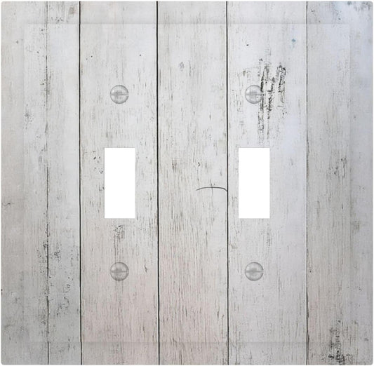 Rustic White Grey Wood Grain Decorative Switch Plates 2 Gang Double Toggle Outlet Light Switch Cover Wall Plate Electrical Faceplate for Bedroom Bathroom Decor