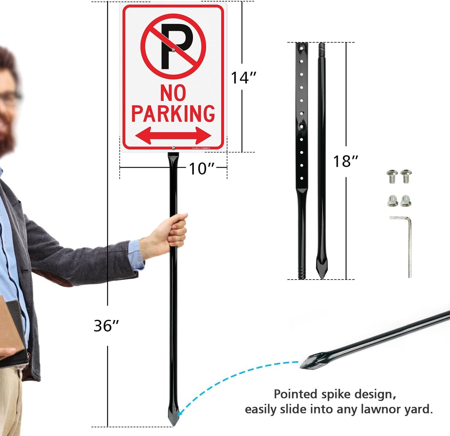 GicnKeuz Large No Parking - 14"x10" No Parking Signs with 36" Heavy Duty Metal Stakes, .040 Aluminum Reflective Signs, Fade Resistant/Waterproof, Including Screws, Easy to Install, Outdoor Use (1 Pack)