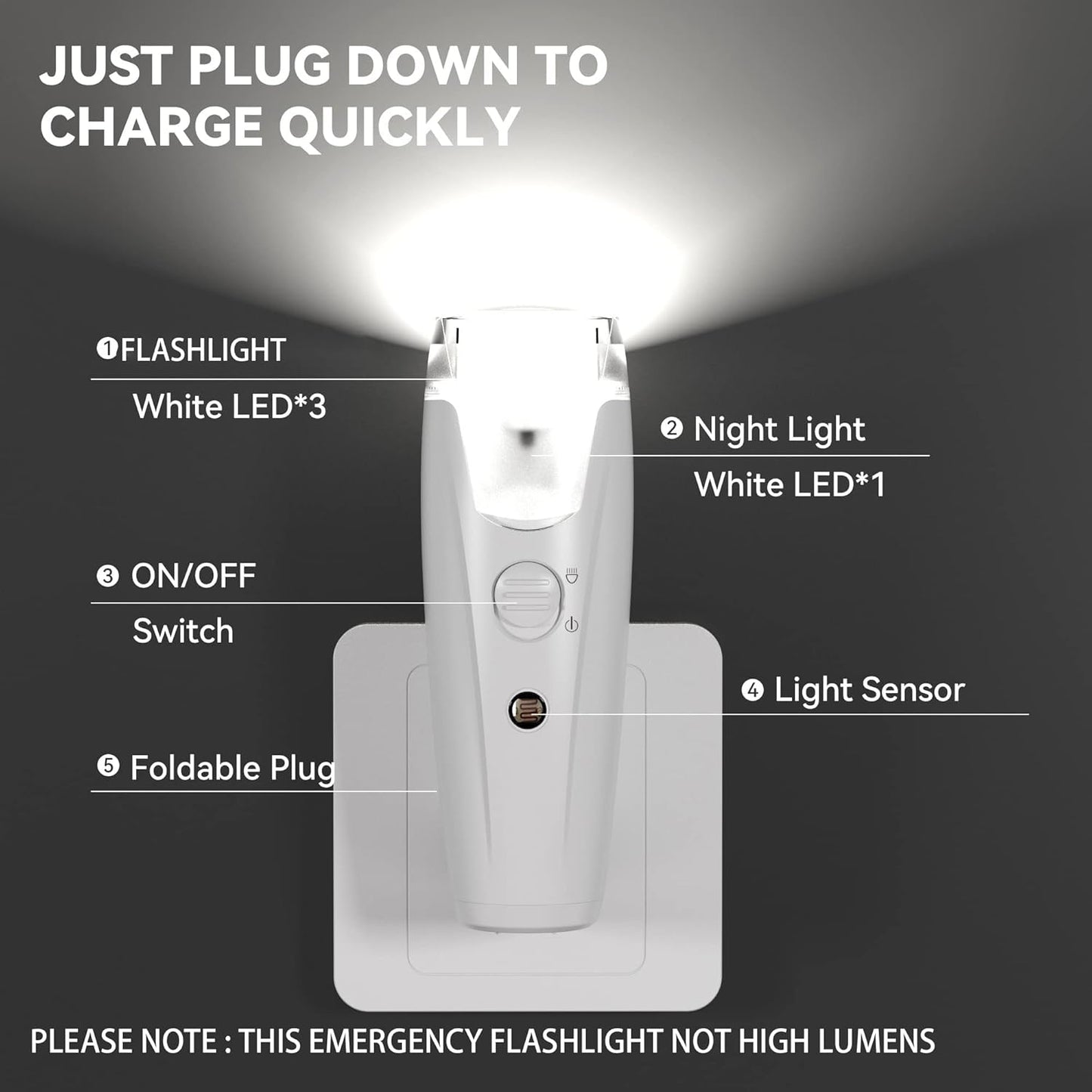 3-in-1 Rechargeable Emergency Flashlight, Plug in Power Failure LED Light for Home, Plug in Flashlights for Home Power Failure, Hurricane Supplies, Survival Kits, Emergencies Lights 5 Packs