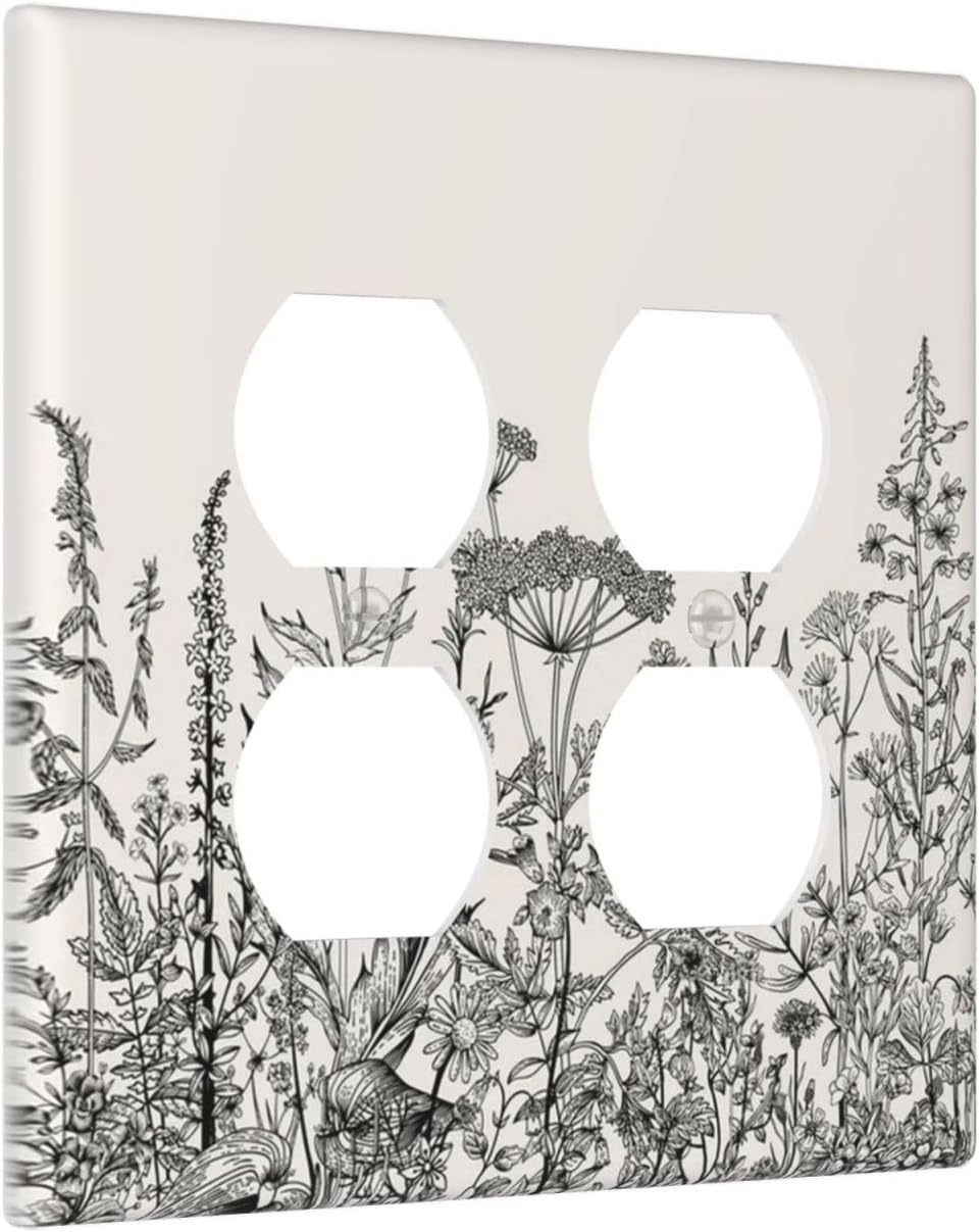 Decorative Outlet Covers Beige Skech Plant Leaves Flowers 2 Gang Wall Plate Cover Double Duplex Receptacle Two Switch Light Switch Cover Plate Jumbo Dual Faceplate for Home Decor