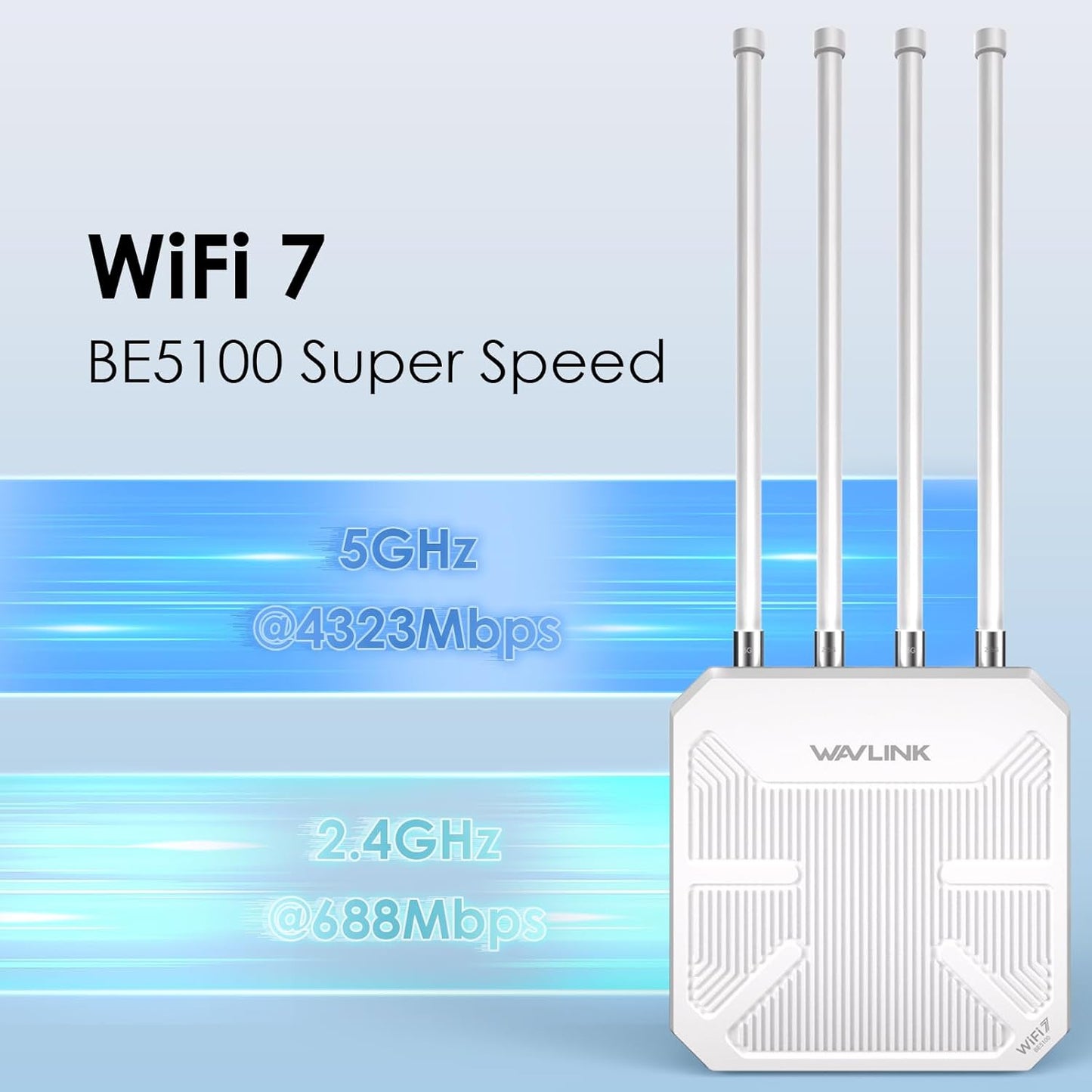 WAVLINK WiFi 7 BE5100 Outdoor WiFi Extender, Dual Band Long-Range Outdoor WiFi Repeater|Access Point|Mesh Router, POE Powered | IP67 Waterproof | 4 x 8dBi Antennas, 2.5 Gbps Ethernet, Up to 2800 sq.ft