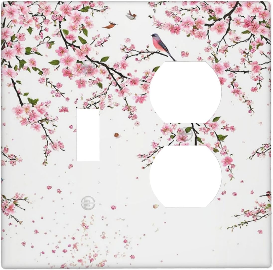 Decorative Outlet Covers Rustic Plum Blossom Pink Flowers 2 Gang Wall Plate Single Toggle Duplex Light Switch Cover Switch Plate Covers Faceplate for Home Bedroom Decor