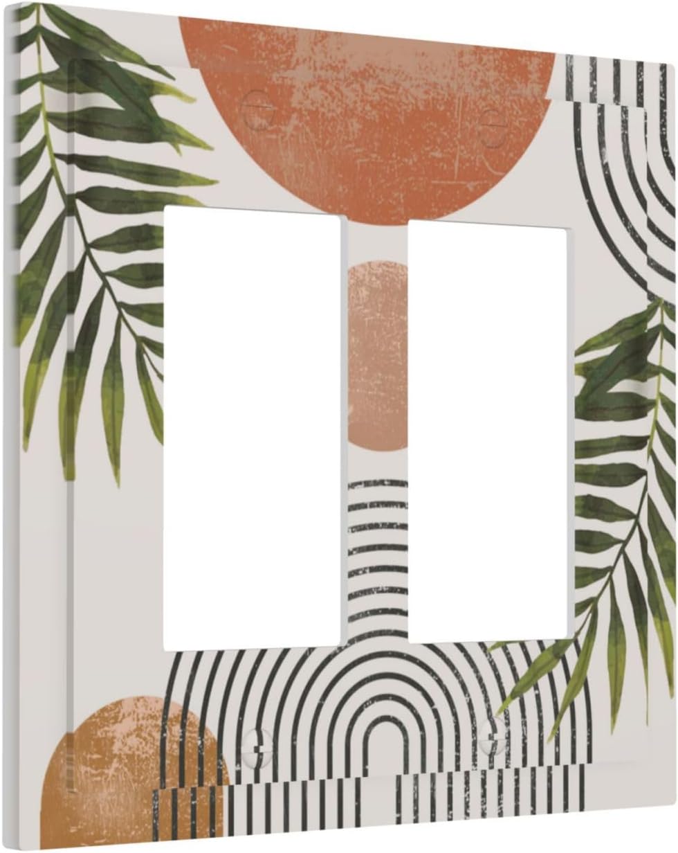 Beautiful Boho Mid Century Large Archs Sun Leaves Plants Decorative Outlet Covers 2 Gang Double GFCI Rocker Electrical Wall Panels Light Switch Cover Plate for Bedroom Living Room Decor