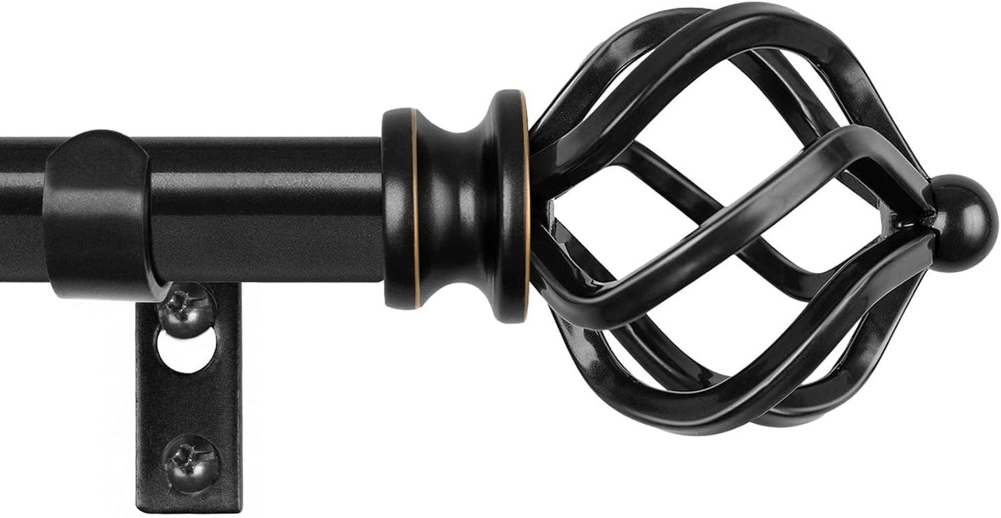 KAMANINA Black Curtain Rods for Windows 72 to 144 Inch, Long Curtain Rod 32 to 144 Inches (2.6-12ft), 6/8 In Splicing Adjustable Single Drapery Rod with Twisted Cage Finial