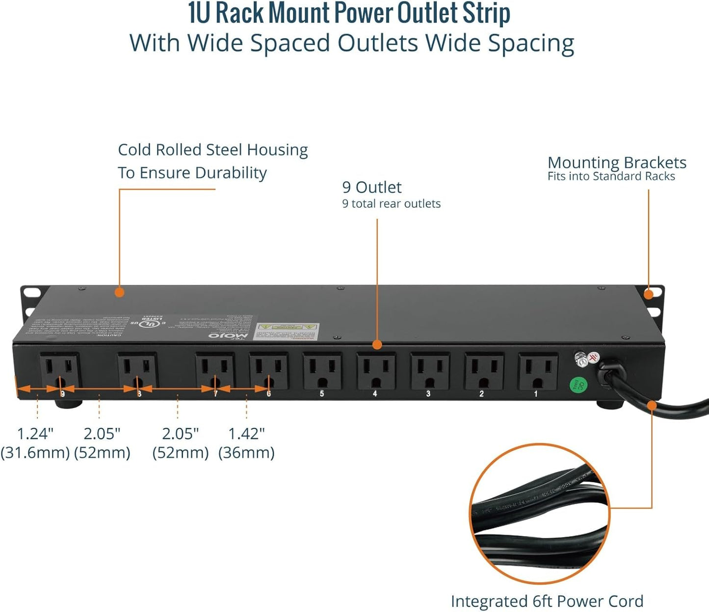 Tecmojo 9-Outlet Rack Mount Power Strip,1U Horizontal PDU Individual Switch 6ft Cord, with 2USB and 2 Type-C,for IT and Network Racks and Cabinets