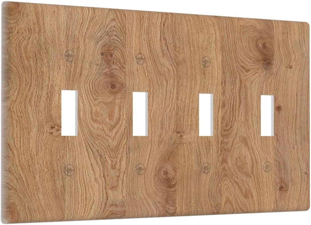 Light Switch Covers Vintage Rustic Wood Color Brown Wood Grain Quad Toggle 4 Gang Wall Plate Electrical Faceplate Decorative Switch Plates for Farmhouse Cabin Decor