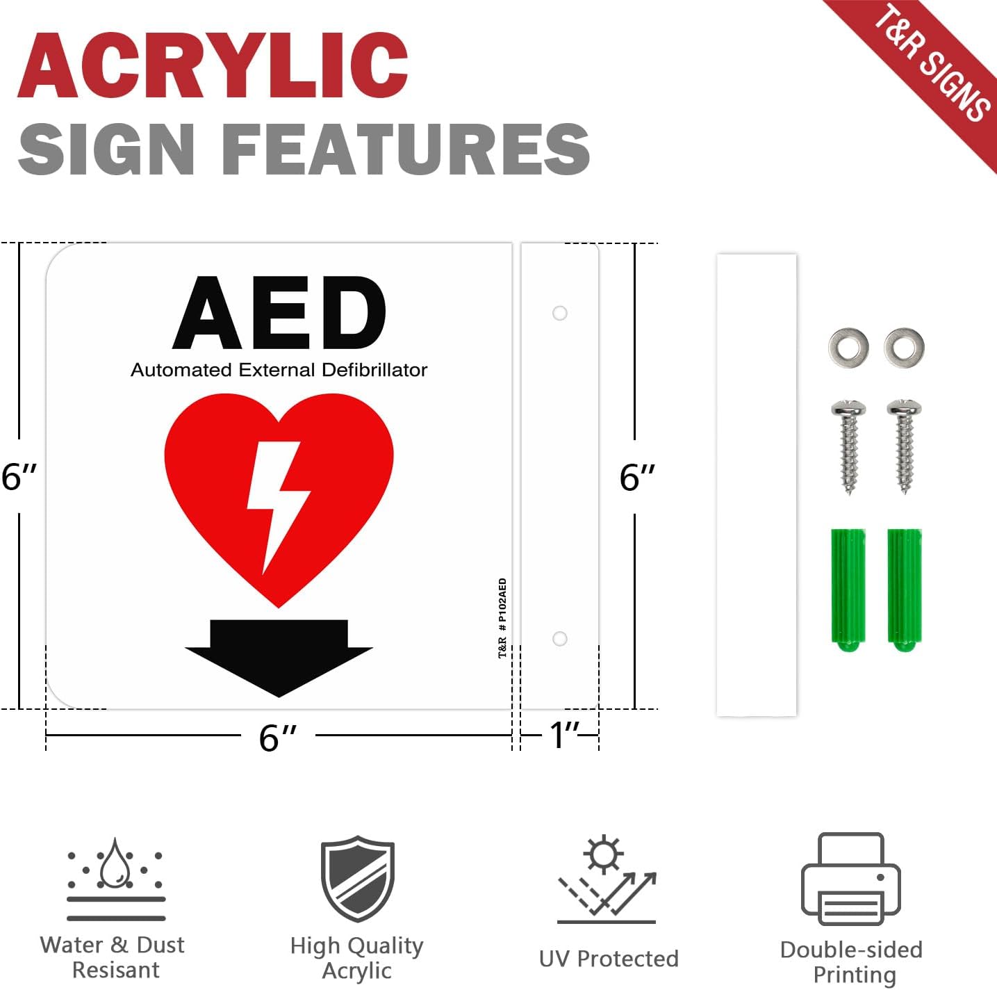 T&R AED Sign, Automated External Defibrillator with Down Arrow - 8 Pack - 6 x 6 Inches Acrylic, 2 pre-drilled holes, Includes Matching Screws, Use for Office/Business
