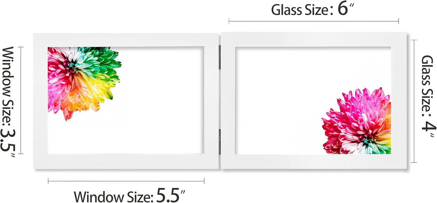 Double 4x6 Horizontal Combo, White Wood Picture Frame, 3.5x5.5 Opening Foldable Landscape View Photo Frame on Table-top or Wall