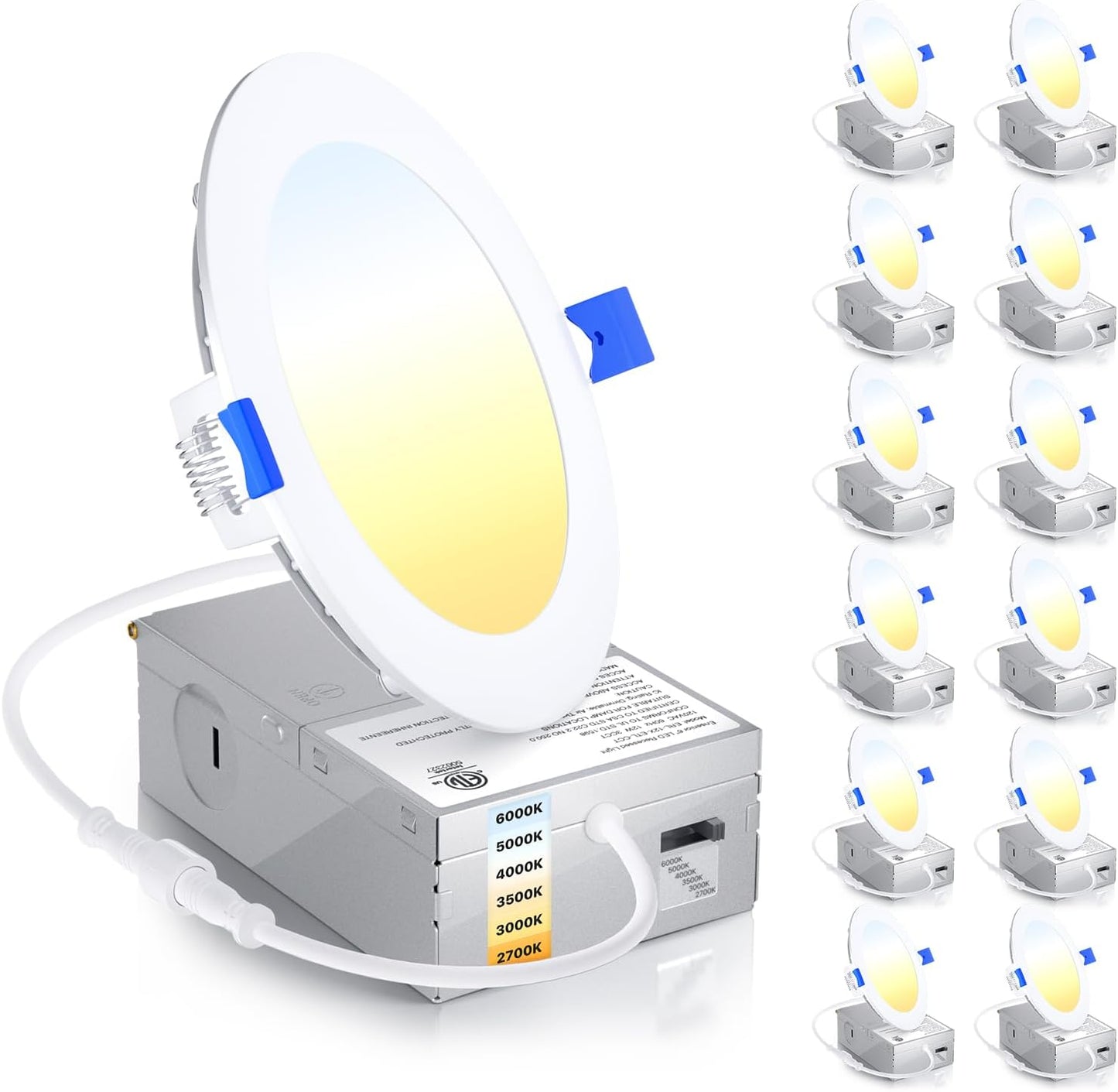 Ensenior 12 Pack 4 Inch Ultra-Thin LED Recessed Light with Junction Box, 2700K-6000K Selectable, 9W 75W Eqv, Dimmable, 750LM High Brightness - ETL Certified