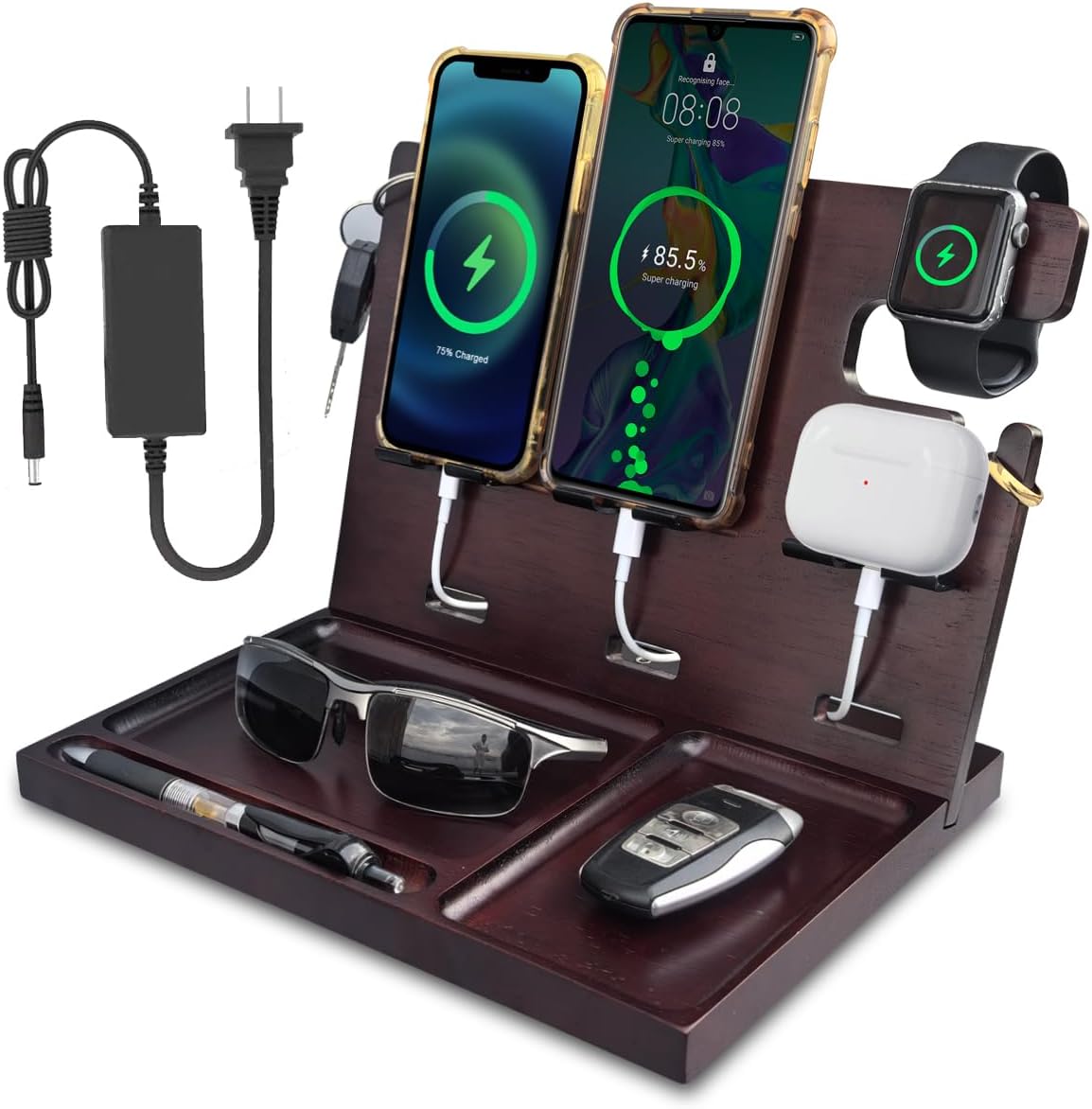 Wood Phone Docking Station for Men Nightstand Organizer Charger with 4 USB PD & QC3.0 Fast Charging Station for Multiple Devices iPhone Samsung Google Android Anniversary Birthday Gifts for Him