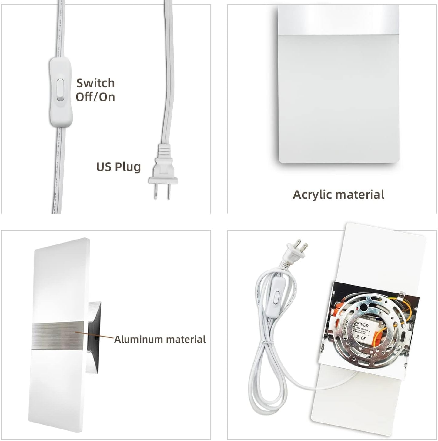 KICAAO Wall Sconces Set of Two, Modern Wall Sconce Plug in 10W 6000K Cool White Acrylic Wall Lights with 6FT/180cm Plug in Cord and On/Off Switch on The Cord