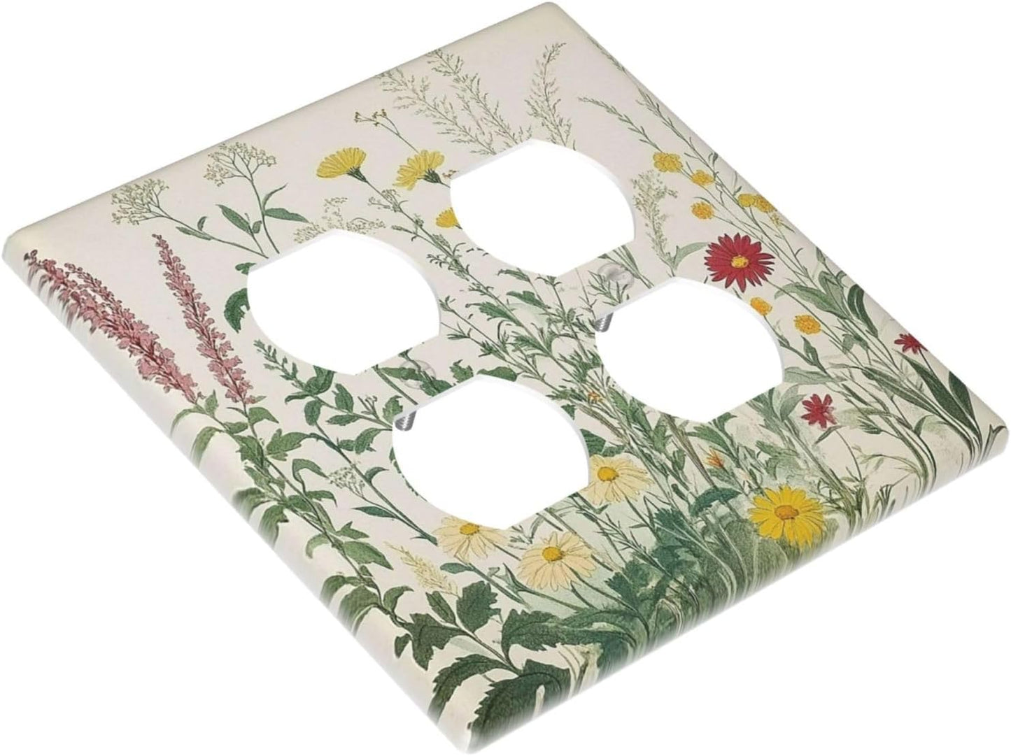 Rustic Wildflower Green Plants Daisy Floral Outlet Covers 2 Gang Double Duplex Decorative Light Switch Covers Electrical Wallplates Socket Faceplate For Farmhouse Bed Room Decor
