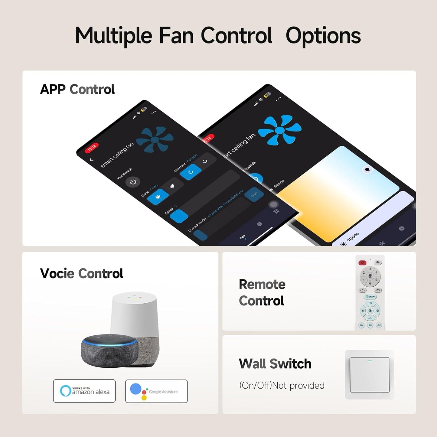 Ceiling Fans With Lights,52 Inch Smart Ceiling Fan, Remote/App Control, Compatible with Alexa/Google Assistant,Reversible,Dimmable,Adjustable Color Temperature,6 Speeds,Timer(Gray)