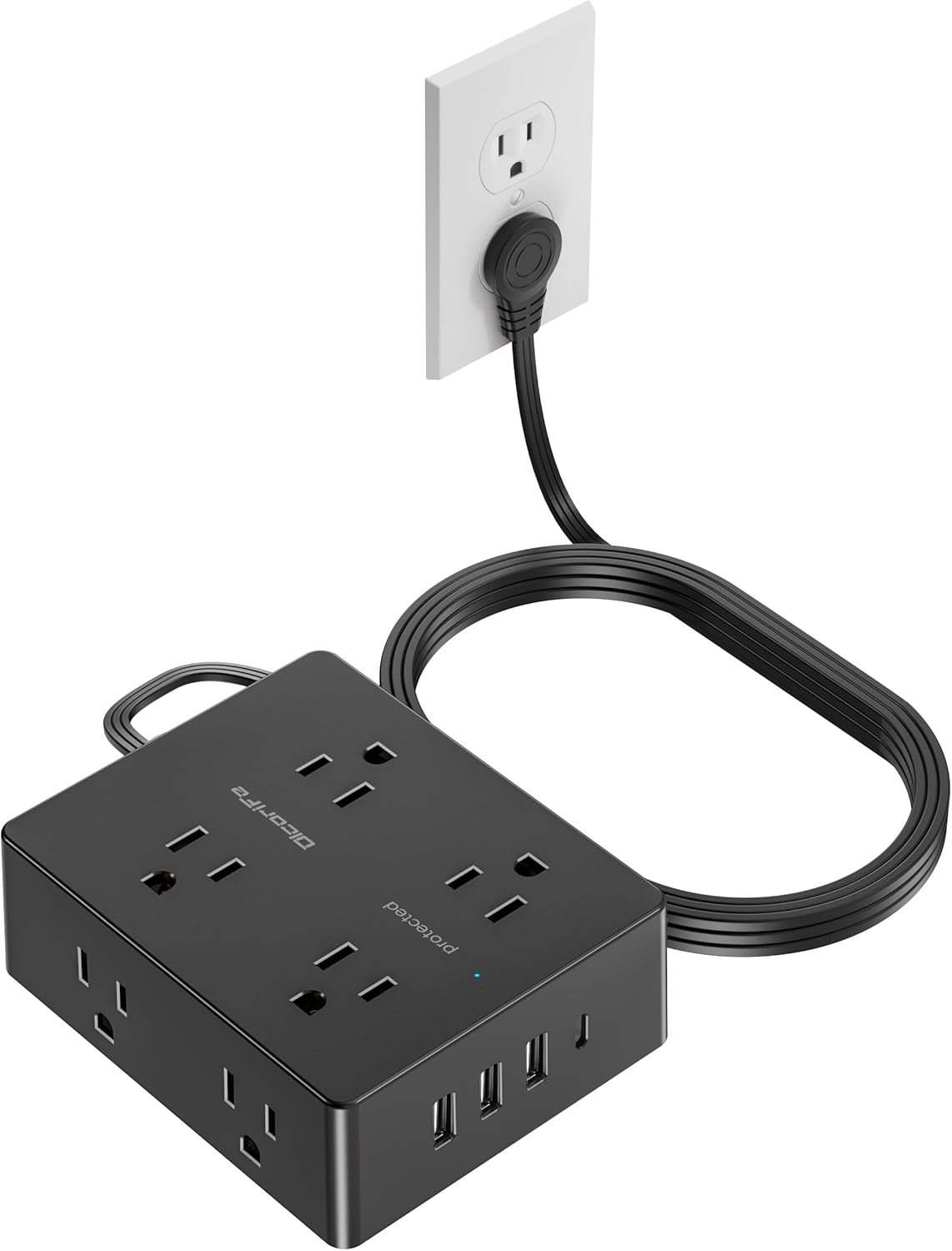 Surge Protector Power Strip, Olcorife 15ft Long Extension Cord with 8 Outlets 4 USB Ports(1 USB C), Flat Wall Plug Outlet Extender, College Dorm Room Essentials, Black