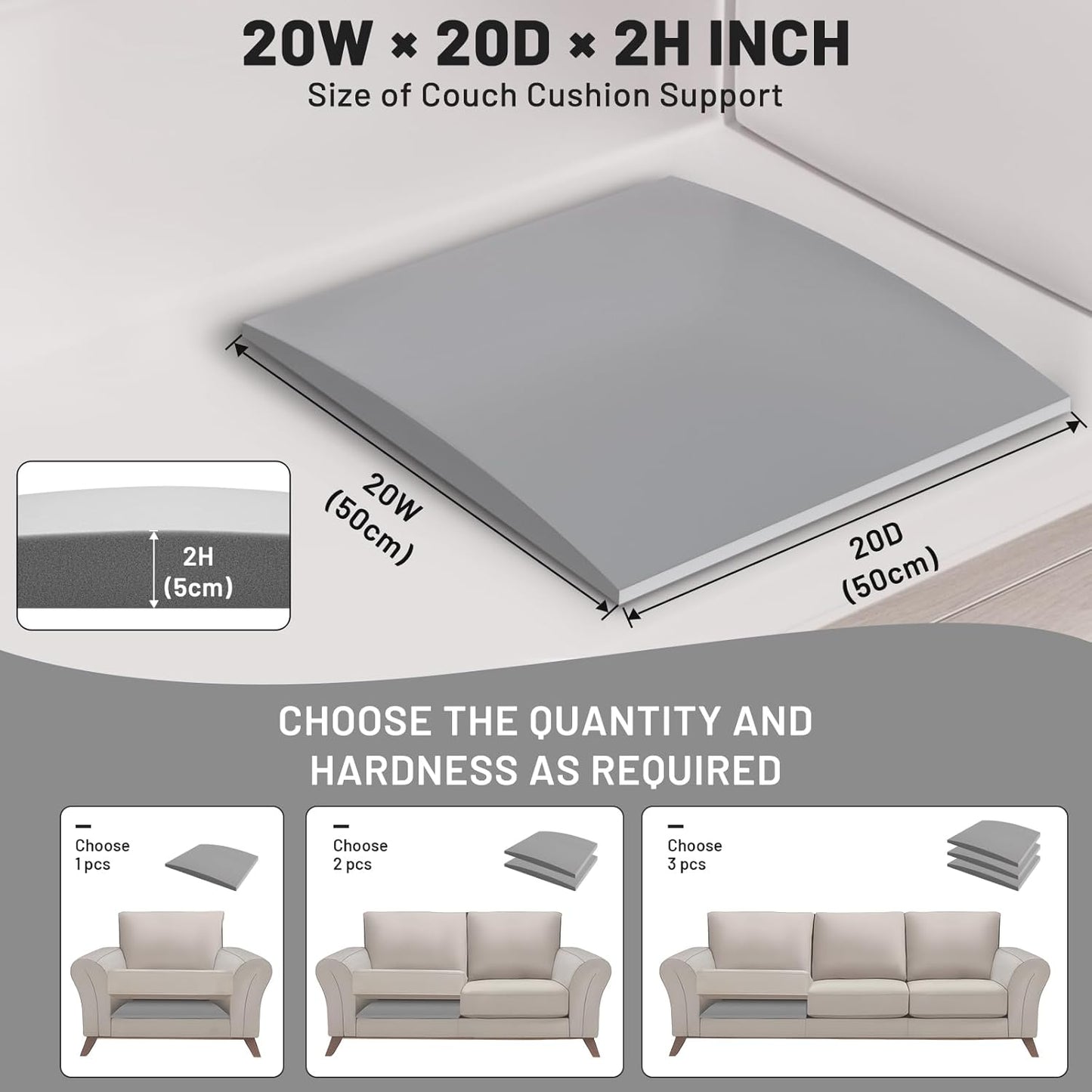 Couch Cushion Support for Sagging Seat – 2 Pack 20x20x2 Inch Sofa Cushion Board Saver & Replacement Insert for Saggy Couch or Chair, Quick No-Tool Install with 40D High Density Foam