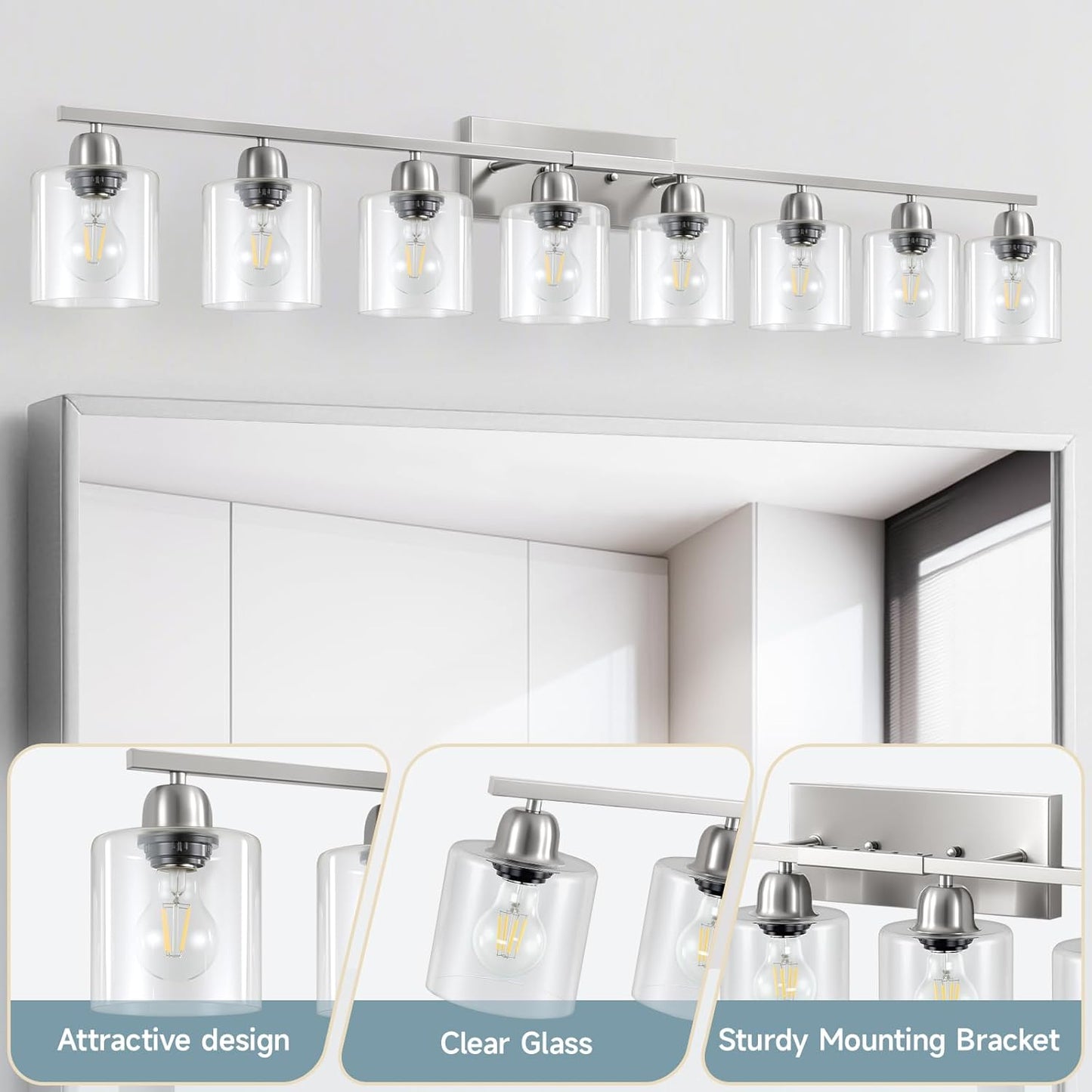 Modern Brushed Nickel 8 Light Bathroom Light Fixtures,52 inch Vanity Lights for Bathroom with Clear Glass for Mirror Kitchen Living Room Hallway Cabinet Porch