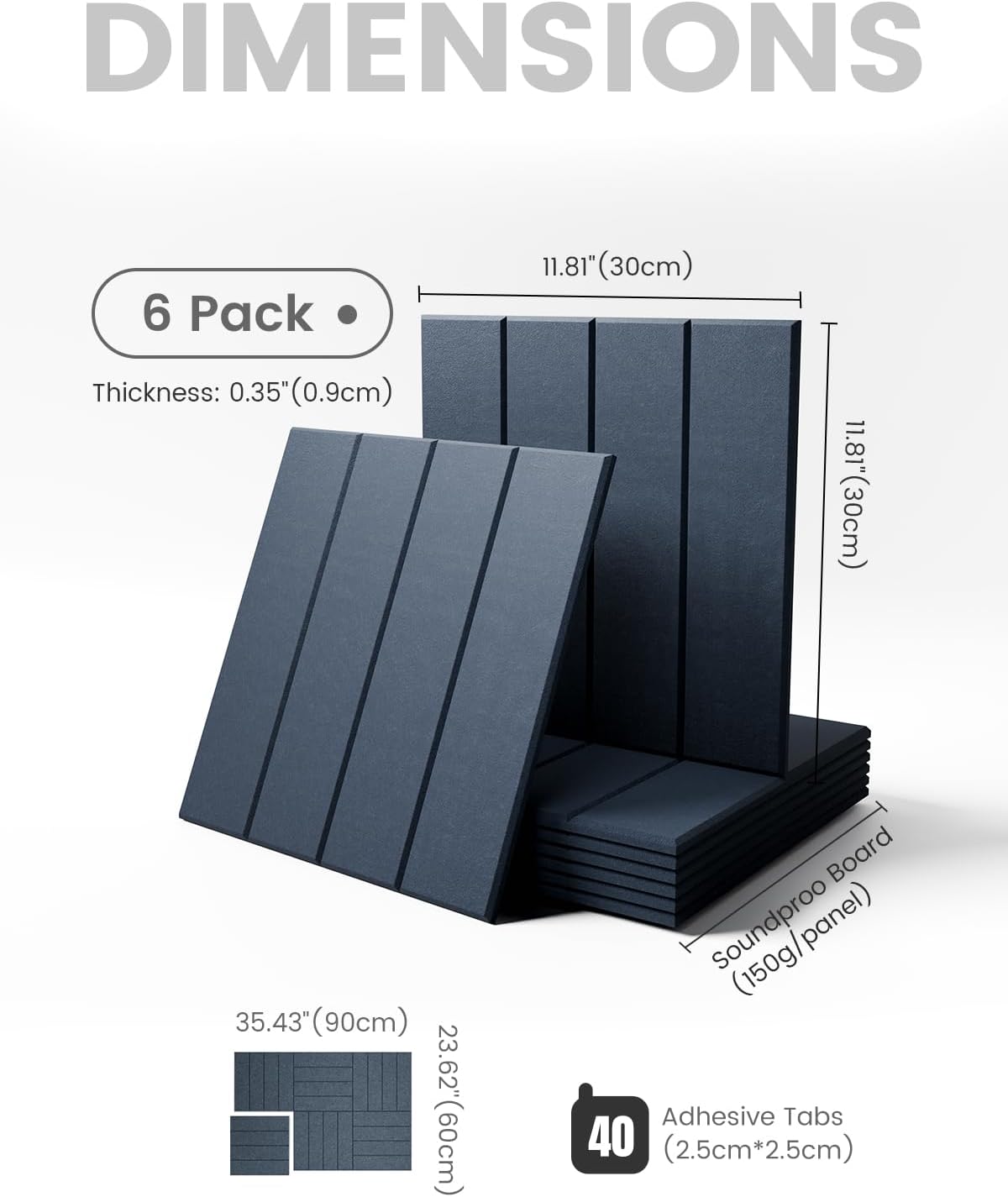 Felt Bulletin Board Tiles Large 36" x 24" Cork Board Alternative-6 Pack with 40 Adhesive Tabs, Thick Slat Wall Panels for Office Decor, Push Pin Board Wall Organizer Alternative - Navy Blue