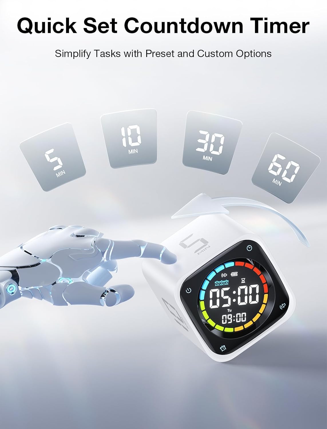 TK3 Pomodoro Timer Cube, Desk Productivity Timer with 5/10/30/60 Min Presets, Custom Countdown, Stopwatch, Clock, 3 Alarm, Silent, Vibrate & Sound Alert, for Task, ADHD, Study, Kitchen, White