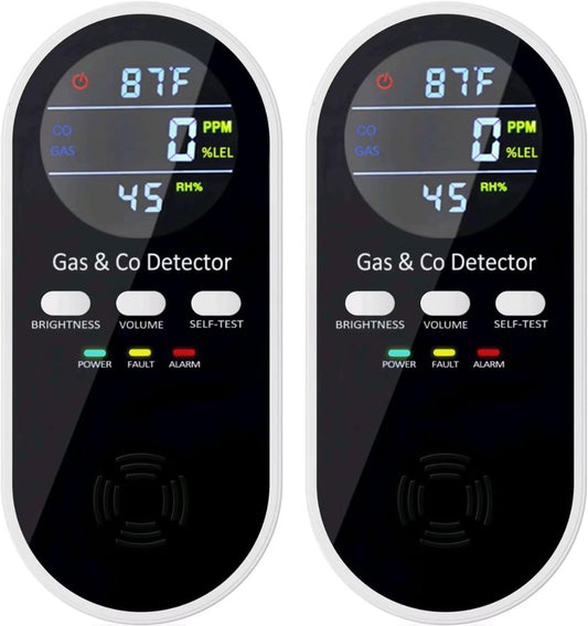5-in-1 Upgraded Gas & Carbon Monoxide Detectors Plug in, Combination Natural Gas Detector and Carbon Monoxide Detector with ℉, Humidity and Sound, Brightness Control, Holds 9V Battery (not Included)
