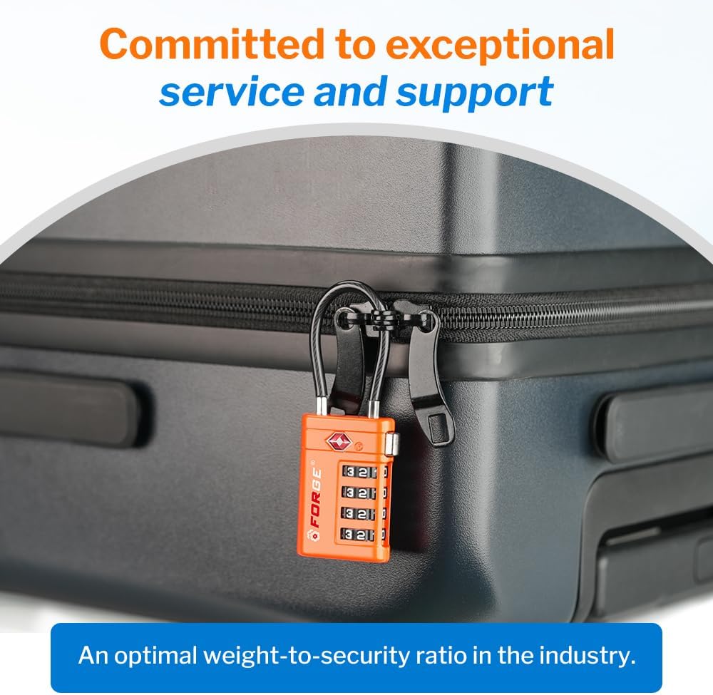 Forge TSA Approved Luggage Locks 4 Digit Combination TSA Travel Locks with TSA008, Open Alert Indicator, Zinc Alloy Body for Luggage, Suitcase, Backpack, and More. Orange 4 Locks.