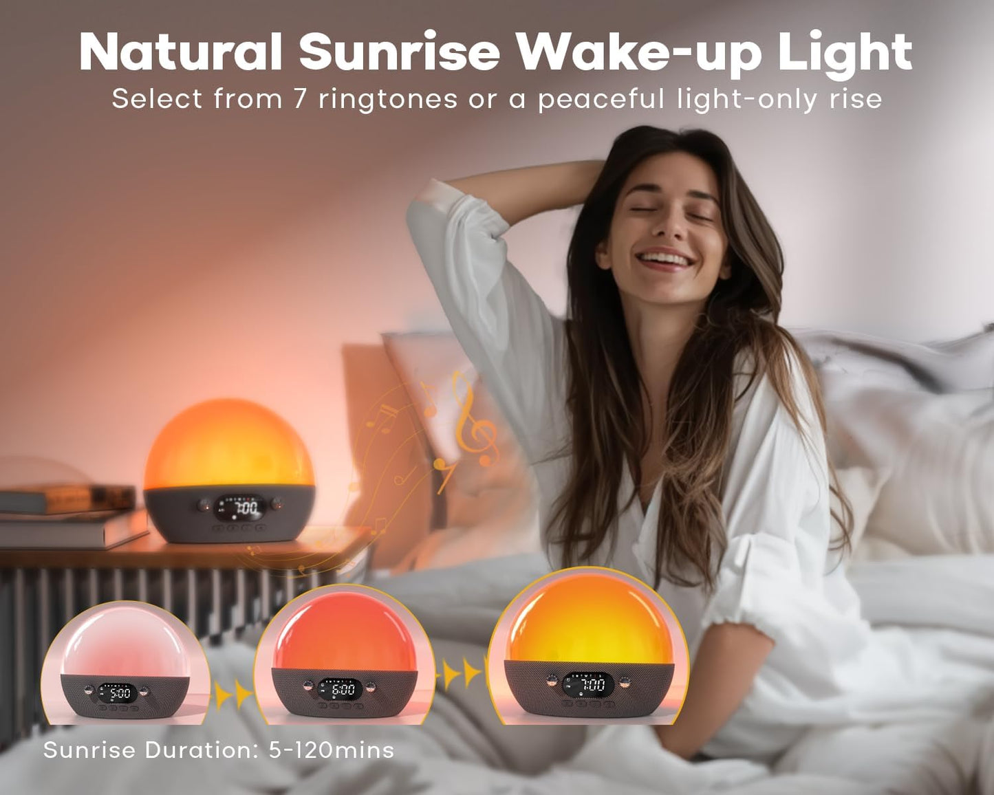 MOMILLA Sunrise Alarm Clock with Bluetooth Speaker, Alarm Clocks for Kids Adults, Dimmable Clock for Bedroom,Wake up Light Night Lights Sunset Lamp, White Noise Sound Machine for Sleep