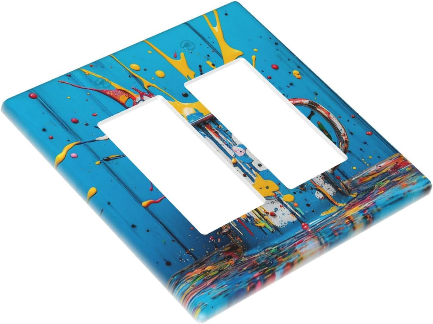 Decorative Outlet Covers Colorful Paint Splatters Blue Wood Plank 2 Gang Wall Plate Double Rocker Two Switch Wall Cover Plate Jumbo Dual GFCI Faceplate for Home Decor