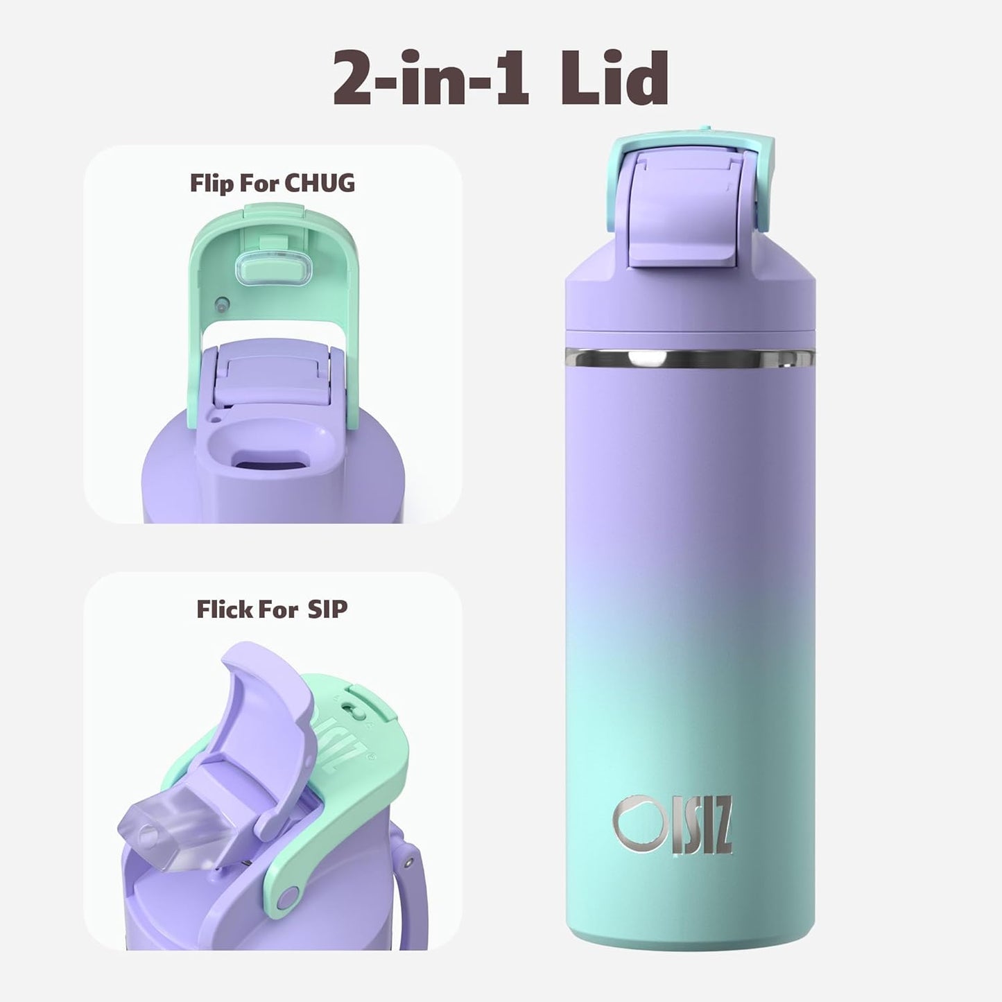 OISIZ Insulated Water Bottle 20 oz with 2 in 1 Spout and Straw Lid,One Click Safety Lock,100% Leakproof,Keep Cold 24H,Vacuum Stainless Steel Water Bottle for School,Travel and Sports,Dishwasher Safe