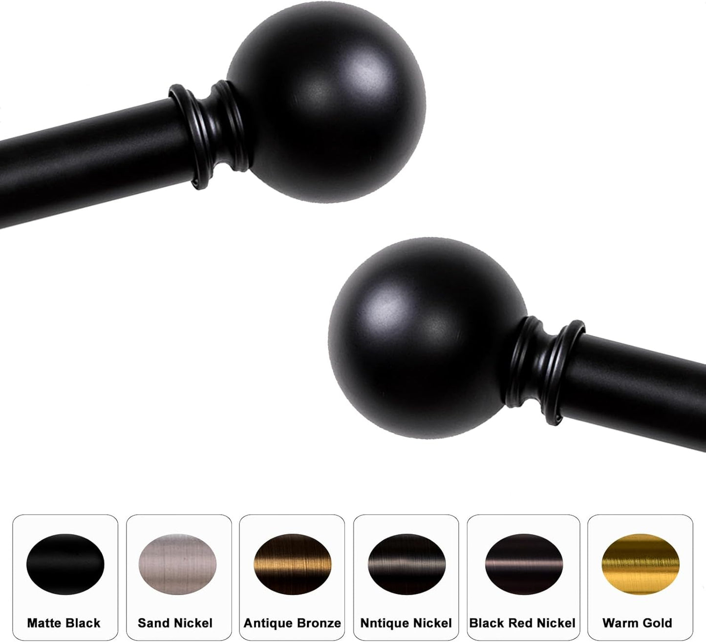 Black Curtain Rods for Windows 18 to 45 inches, 1 Inch Modern Metal Drapery Rods, Adjustable Heavy Duty Curtain Pole with Round Finials(18"-45"Black)
