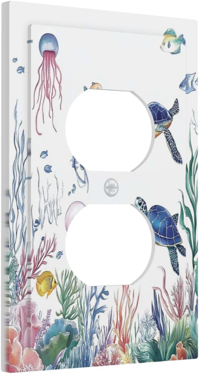 Blue Sea Turtle Ocean Fish Octopus Coral Outlet Covers 1 Gang Duplex Light Switch Cover Decorative Switch Plates Electrical Receptacle Faceplate Wall Plate For Bathroom Kids Room Decor