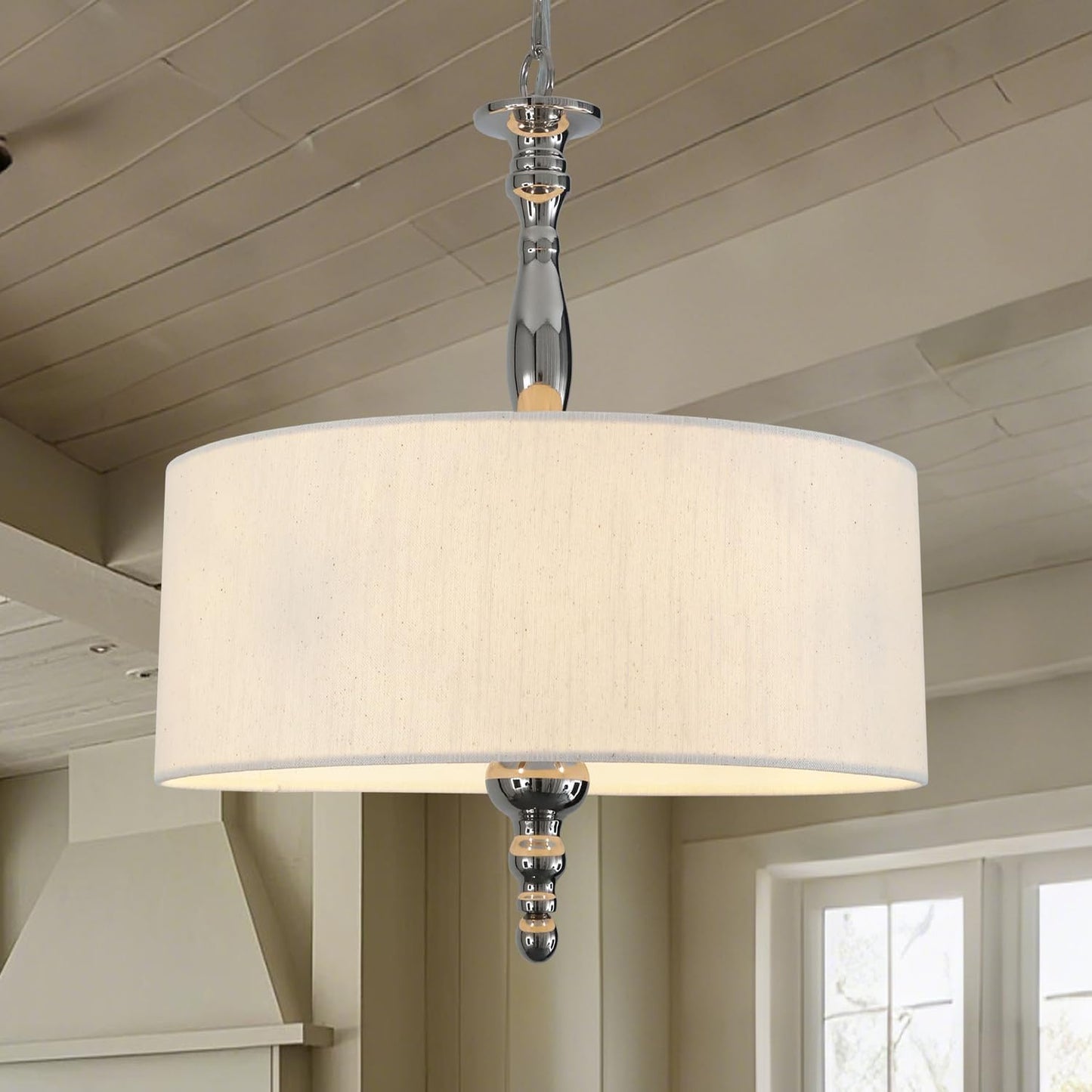 4-Light Drum Chandeliers, Drum Pendant Light Fixture Beige Linen Fabric Shade, Kitchen Chandeliers Over Table,Adjustable Hanging Light Fixture for Dining Room,Brushed Nickel