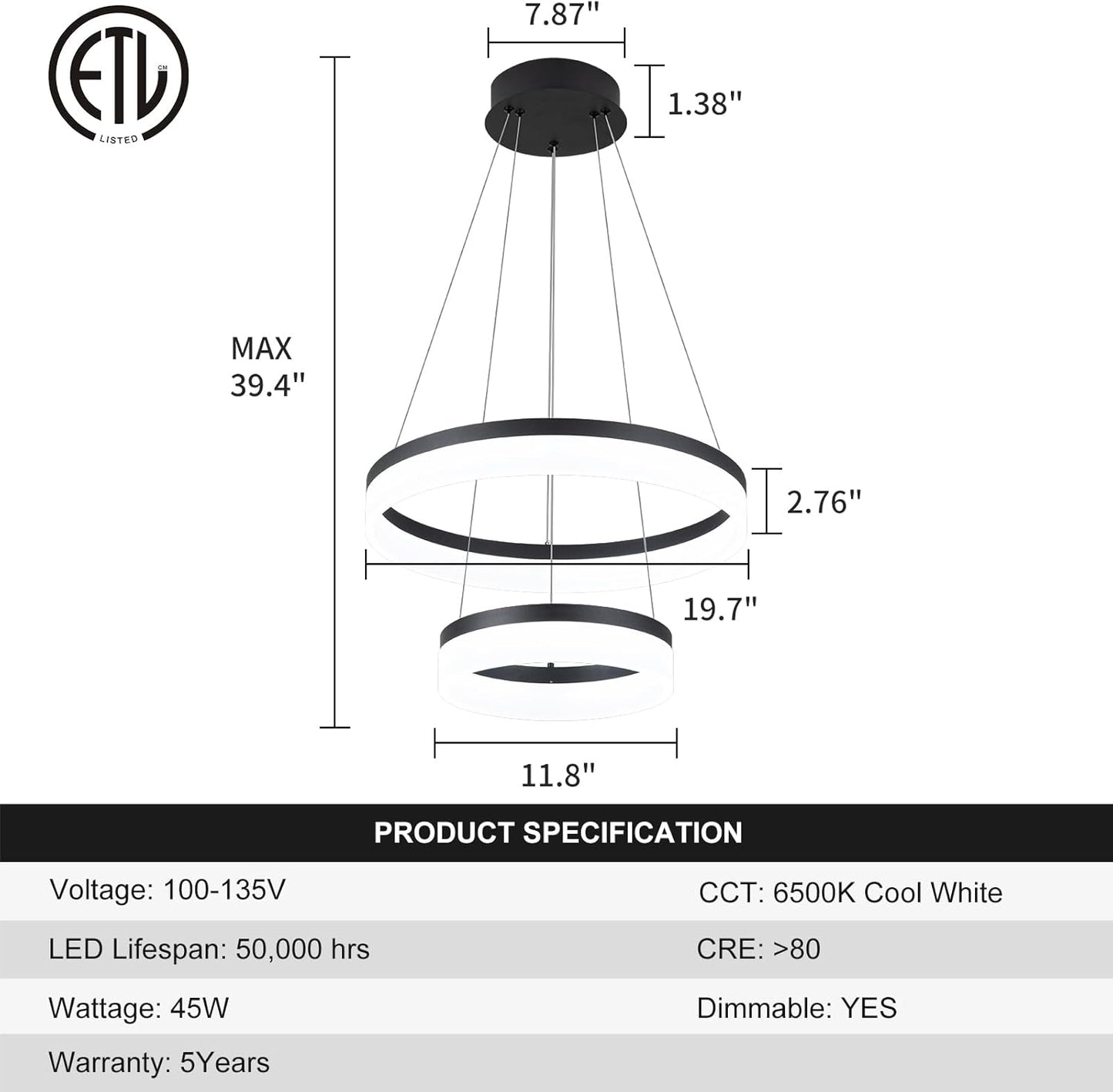 Buccleuch 2-Ring Modern LED Chandelier - Dimmable Black Round Pendant Light, Height Adjustable ETL-Certified Ceiling Light for Dining Room, Kitchen Island, Living Room, Bedroom, Foyer