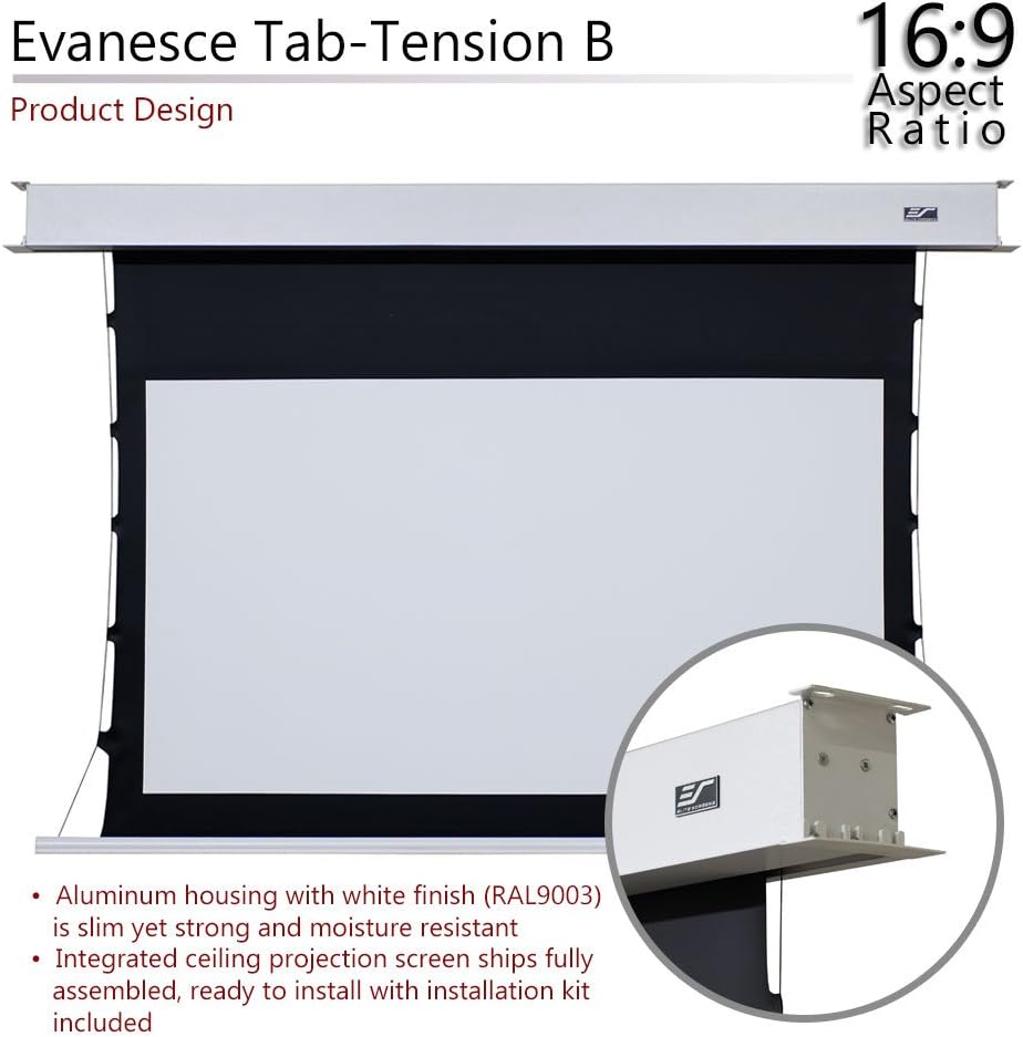 Elite Screens Evanesce Tab-Tension B, 110-inch 16:9, 4K / 8K HD, Recessed in-Ceiling Electric Tab Tensioned Projector Screen, Matte White Projection Screen Surface Programmed Remote Kit, ETB110HW3-E8