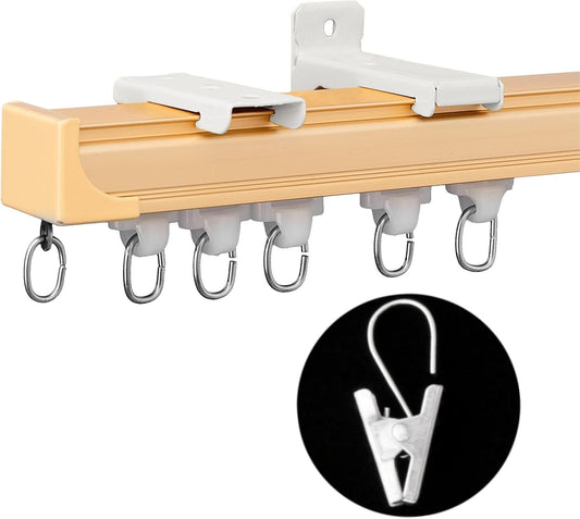 Ceiling Curtain Track Ceiling and Wall Mounted Heavy-Duty Curtains Rails Room Divider Curtains Shower RV Tracks Ceiling Sliding Curtain Rods With Clips,Gold 9ft.