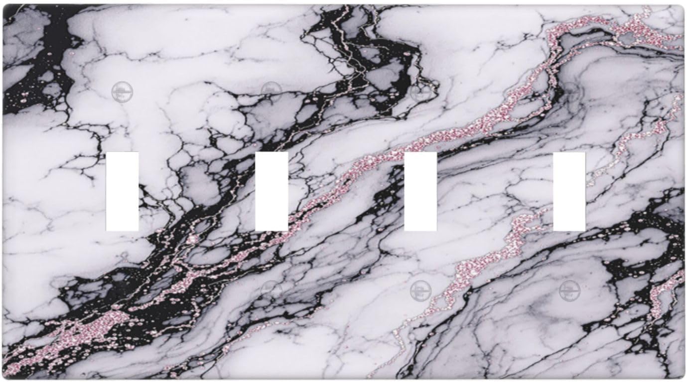 Light Switch Covers White Marble Pattern Black Lines Pink Lines Quad Toggle Electrical Faceplate 4 Gang Wall Plate Decorative Switch Plates for living Room Office Decor