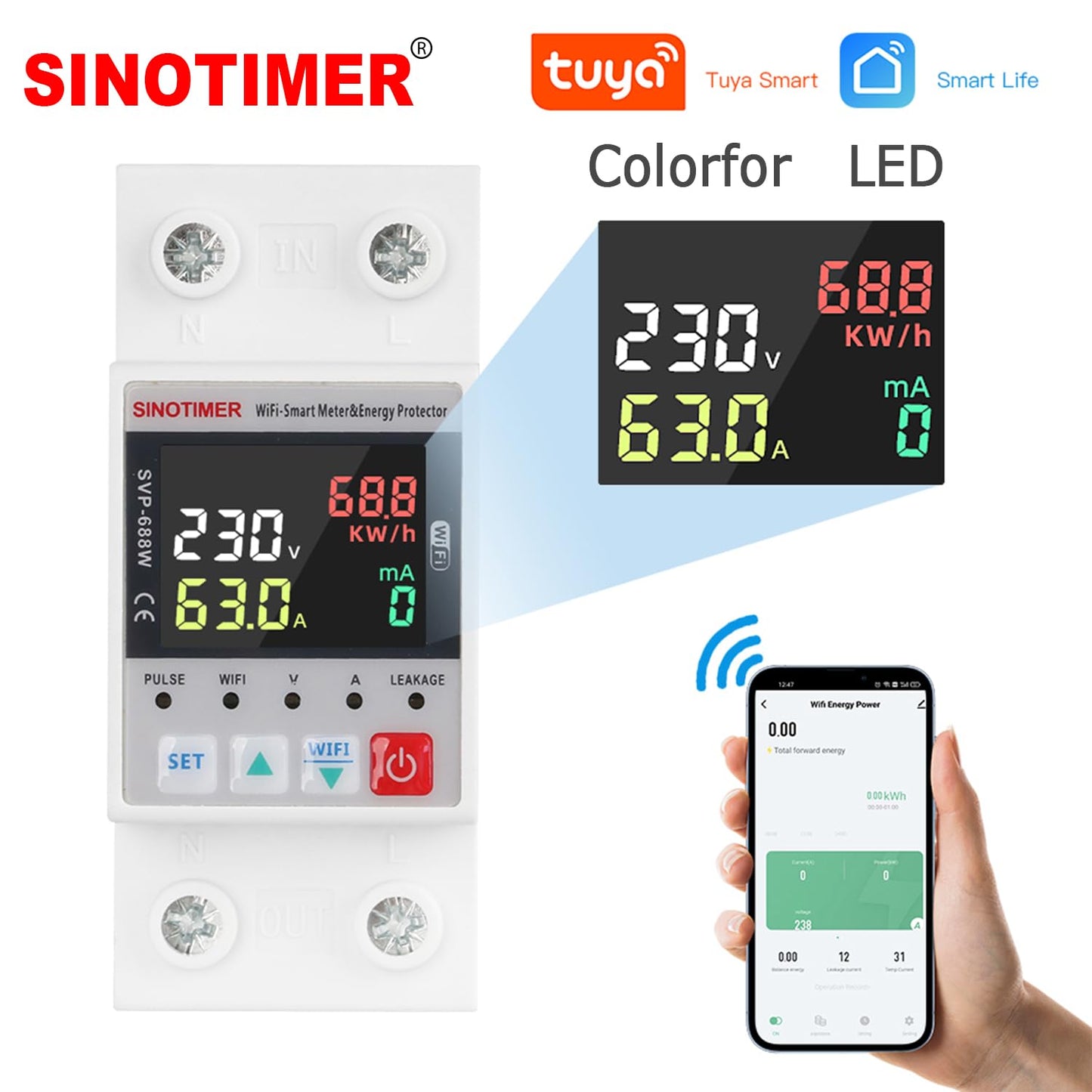Colorful LED SVP688W WiFi Smart Energy Meter AC 63A 80-300V WiFi Earth Leakage Over Under Voltage Protector Circuit Breaker Din Rail Electricity Energy Monitor APP Remote Control Smart Life 230V