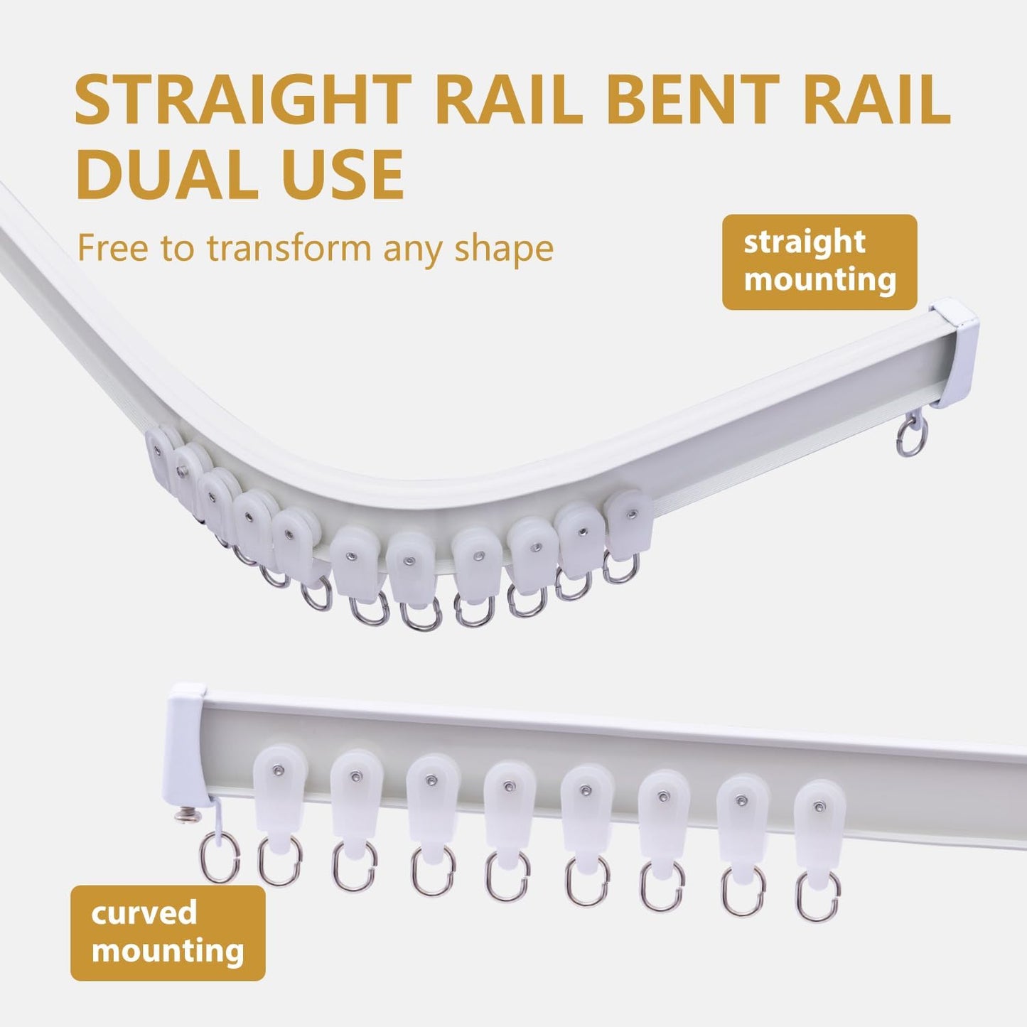 Bendable Ceiling Curtain Track Ceilings Mount or Wall Mounted Heavy-Duty Room Divider Curtains Rails for Living room Bedroom Shower Privacy RV Garage Dividers with Clips，White 9 FT