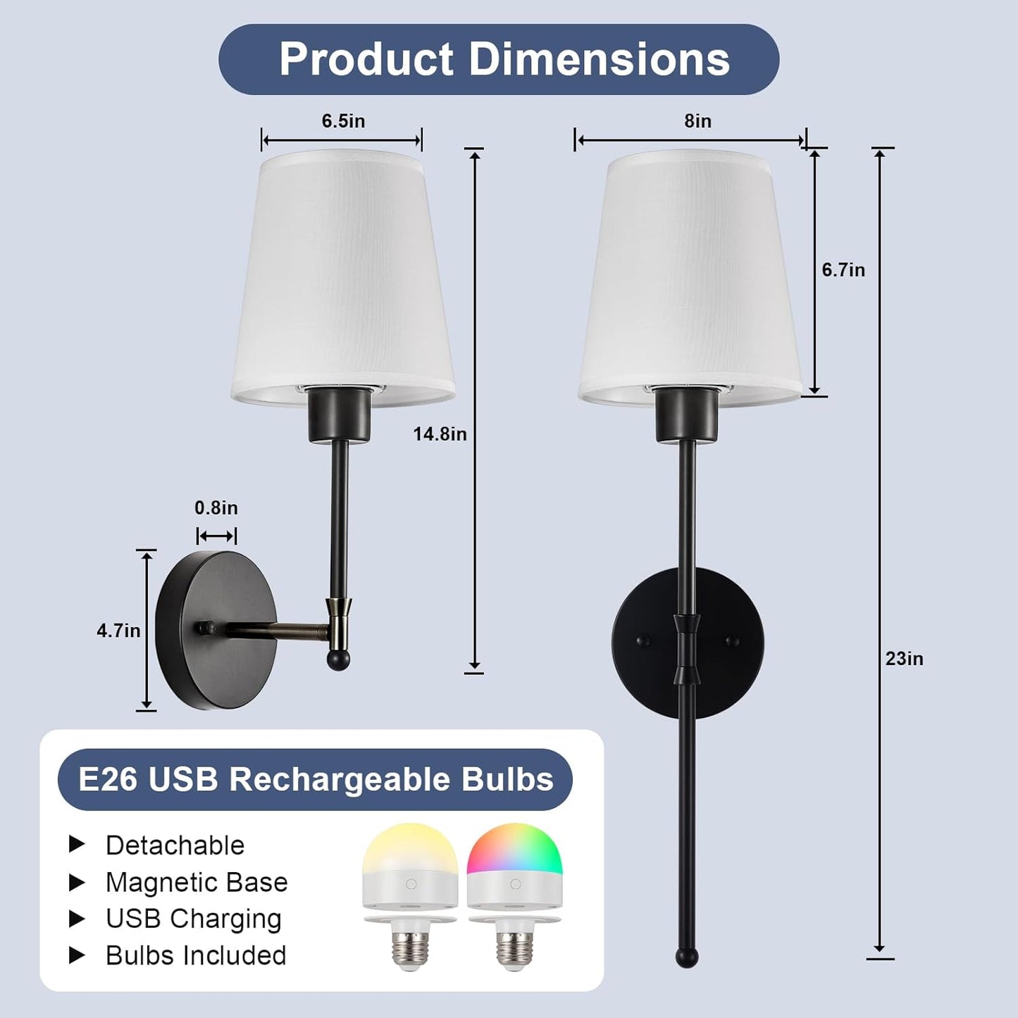 Depuley Battery Operated Wall Sconce: Rechargeable Wall Lamp Set of 2 with Remote and Dimmable Bulb for Home Decor - Wireless Wall Lights with 15 Colors for Bedroom E26 Base Fabric Shade Black