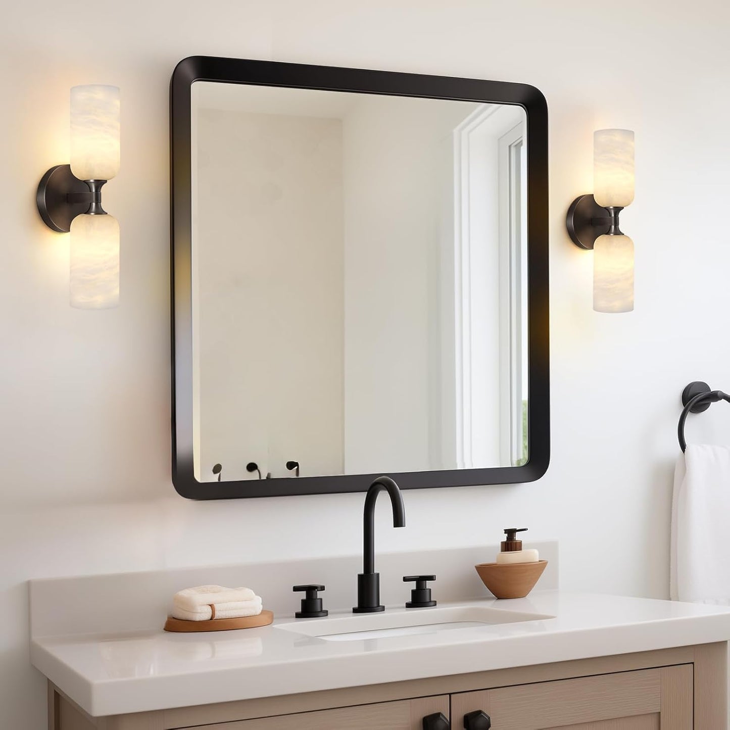 14in Modern Spanish Natural Marble Bathroom Vanity Sconces, Alabaster Wall Sconces Set of Two, Black Alabaster Sconce Wall Lighting, Black Wall Light Fixtures Decor