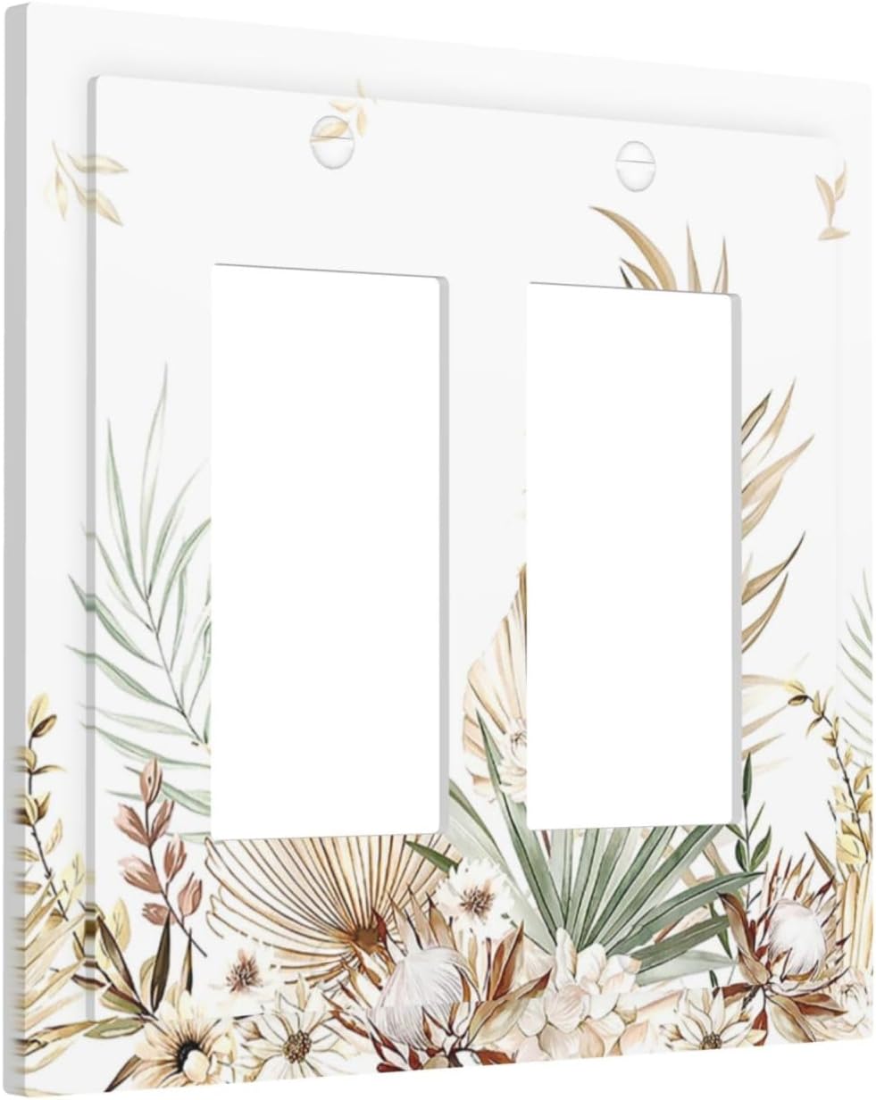 Decorative Outlet Covers Boho Leaves Watercolor Tan Leaf Floral Plant 2 Gang Double GFCI Rocker Electrical Wall Panels Light Switch Cover Plate for Bedroom Home Decor
