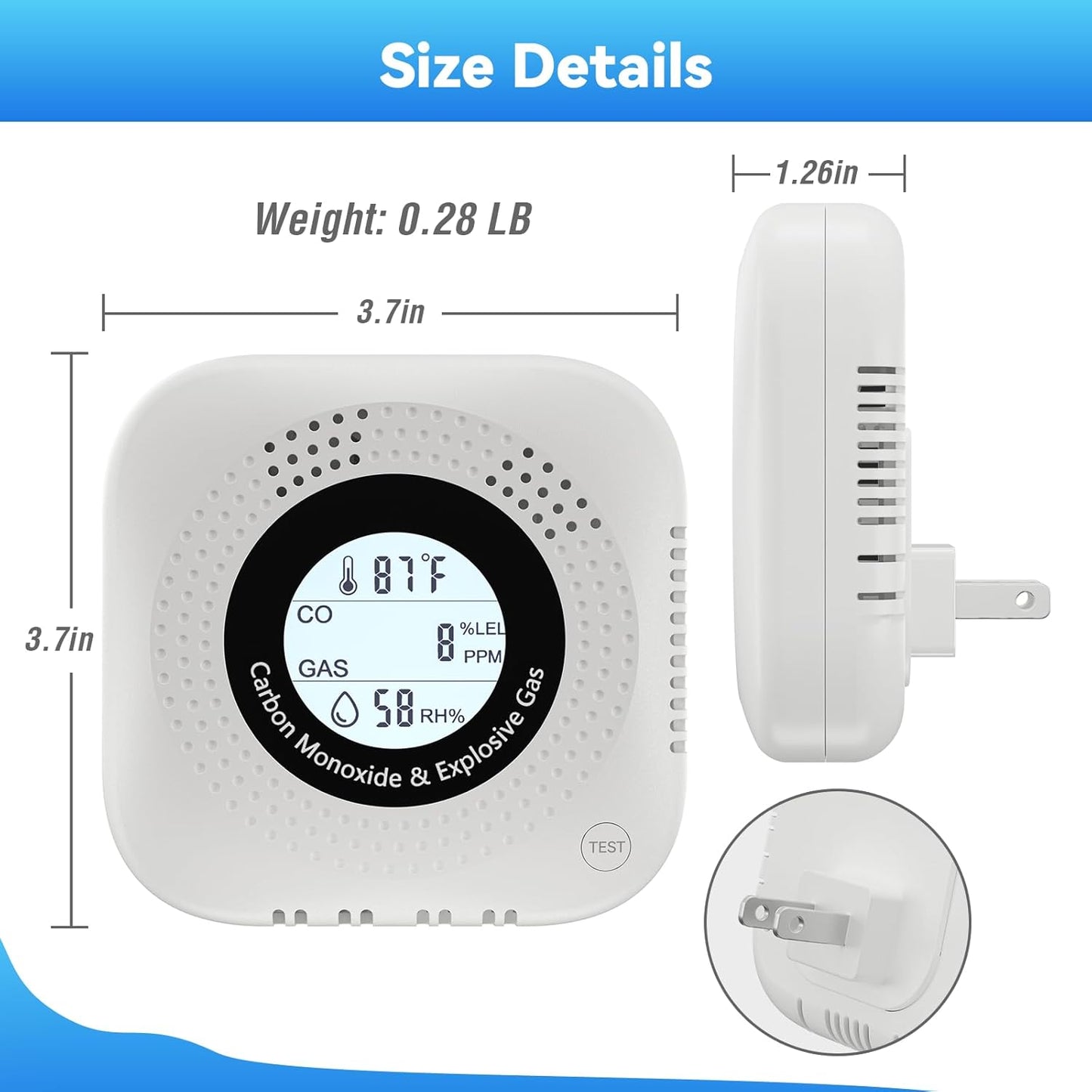 4-in-1 Natural Gas Detector and Carbon Monoxide Detectors(Plug in Used for one Carbon Methane Propane Alarms with Temperature and Humidity Monitors, Suitable for Kitchens, RVs, garages, Hotels White