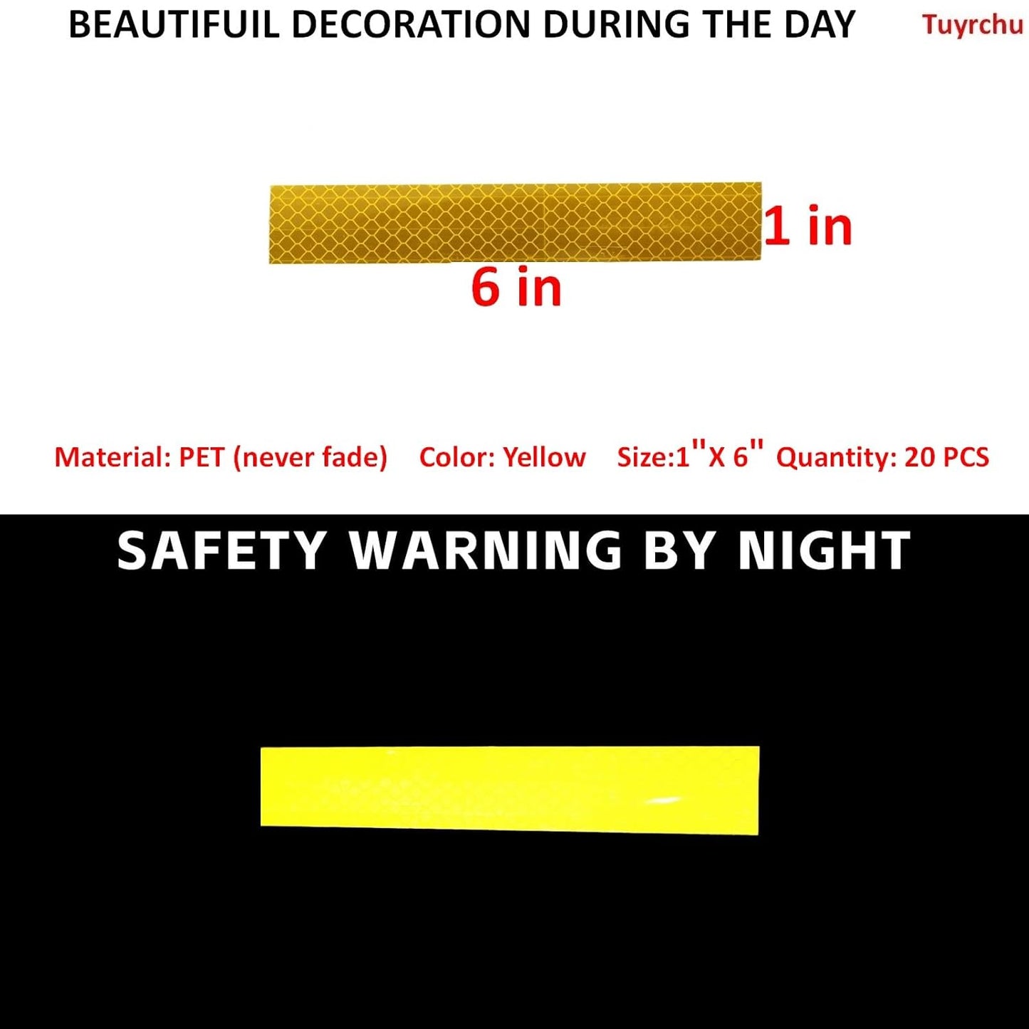 Non Fading Yellow Reflective Stickers 1 inch X 6 inch, Outdoor Waterproof High Visibility Warning Safety Adhesive Reflector Tape (20 Pcs)
