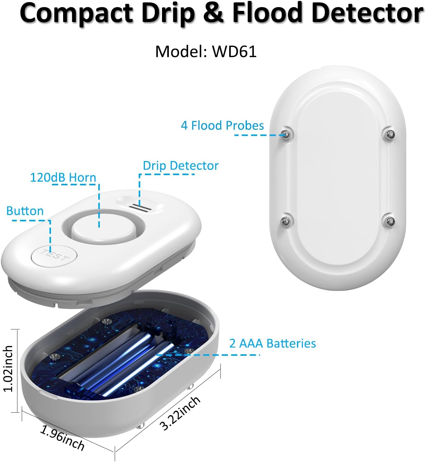 3 Pack WD61 Water Leak Detector for Home, Support Pair with METAK W13 WiFi Gateway (Sold Separately) for App Alert, Water Flood/Drip Sensor Alarm for Basement/Kitchen/Bathroom/Laundry Room,Sink/Pipe