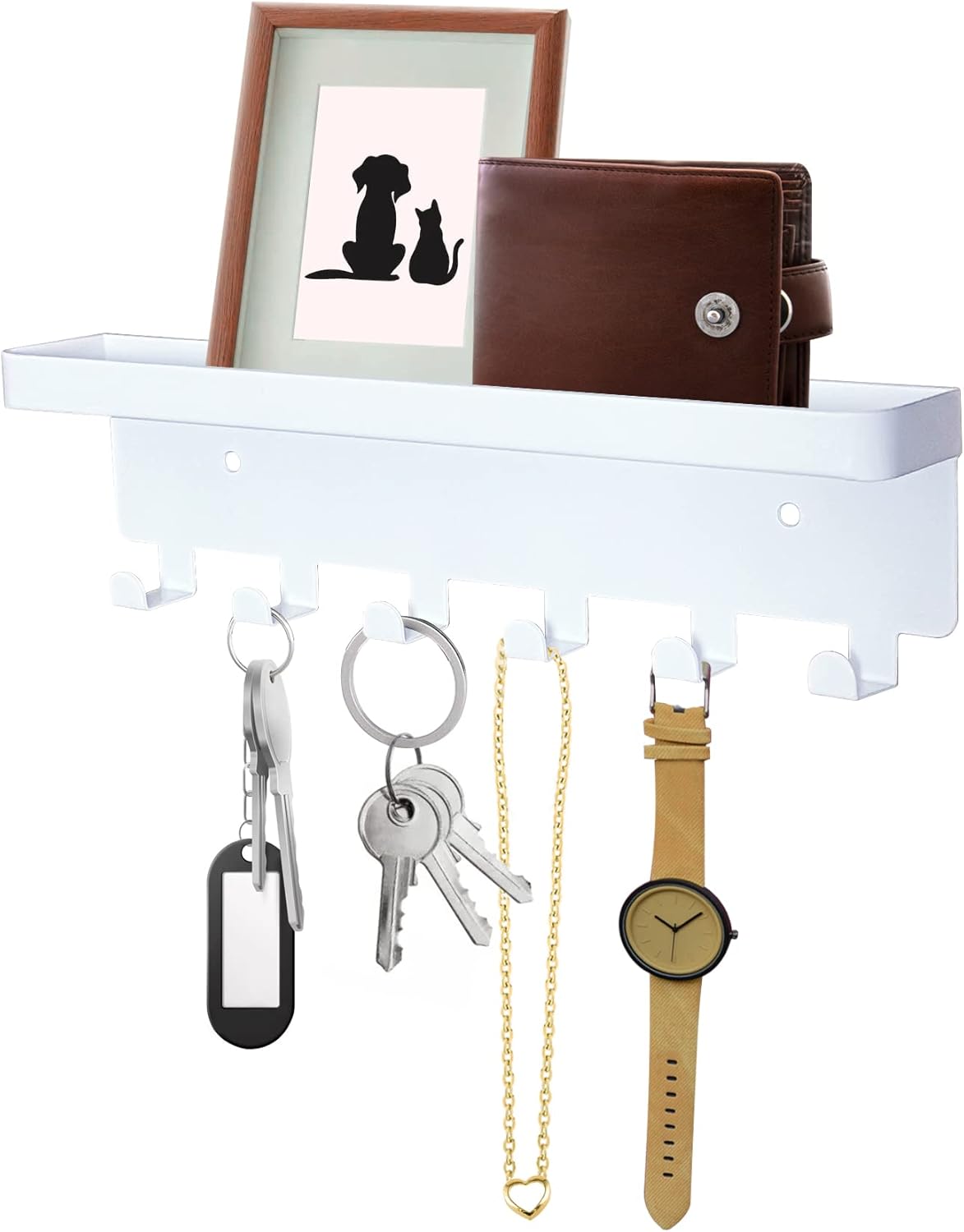 GTK Key Holder for Wall, Key Hooks with Tray and 6 Hooks, Wall Mounted Key Holder for Hallway, Key Rack with Shelf for Mail Storage (White)