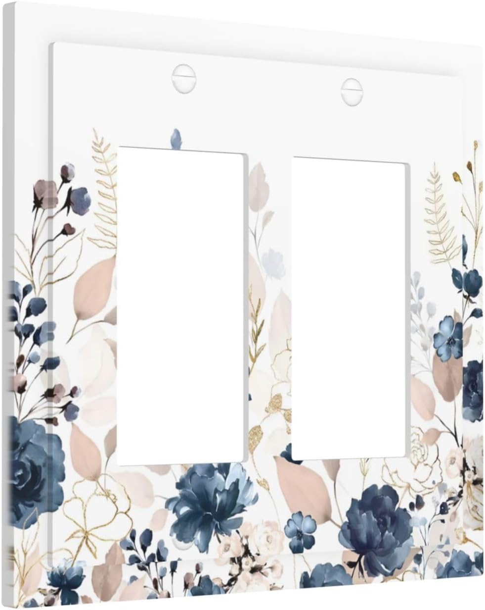 Blue Flora Boho Vintage Flower Golden Leaves Decorative Outlet Covers 2 Gang Double GFCI Rocker Electrical Wall Panels Light Switch Cover Plate for Bedroom Living Room Decor