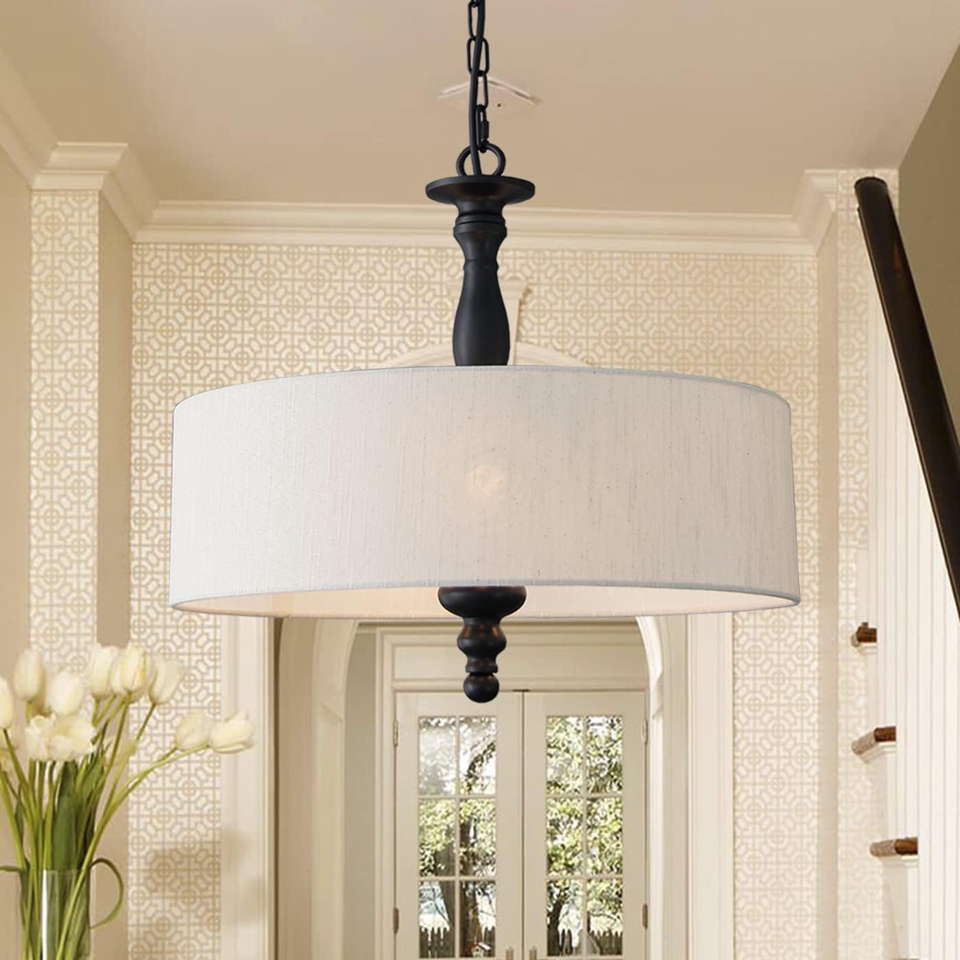 4 Light Drum Chandeliers, Beige Linen Drum Pendant Lighting Fixture with Black Metal Rod Adjustable Hanging Chain Ceiling Lights for Kitchen Island Dining Table Entryway Dia 17.3inch